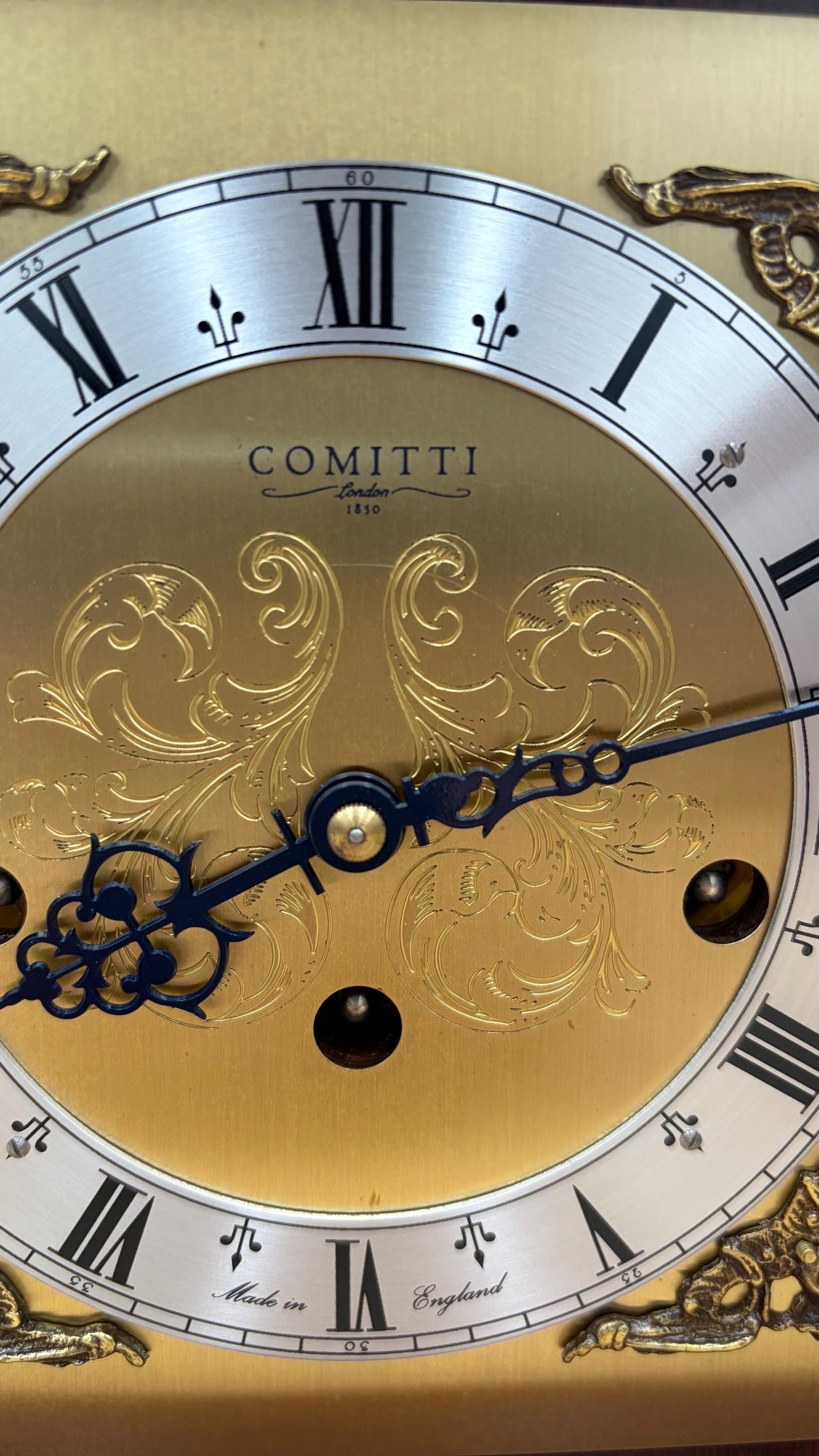 Comitti London Triple Chime Bracket Clock – Mahogany Case – 8-Day English Luxury Mantel Clock