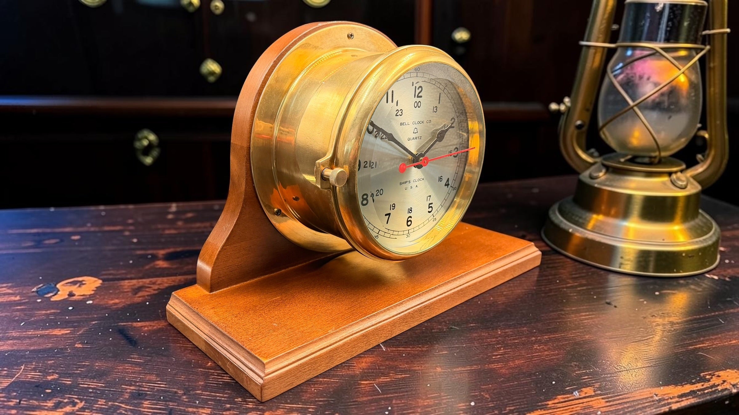 Vintage Bell Clock Co. Quartz Ship’s Clock on Wooden Stand – Brass Porthole Nautical Desk Clock – Made in USA