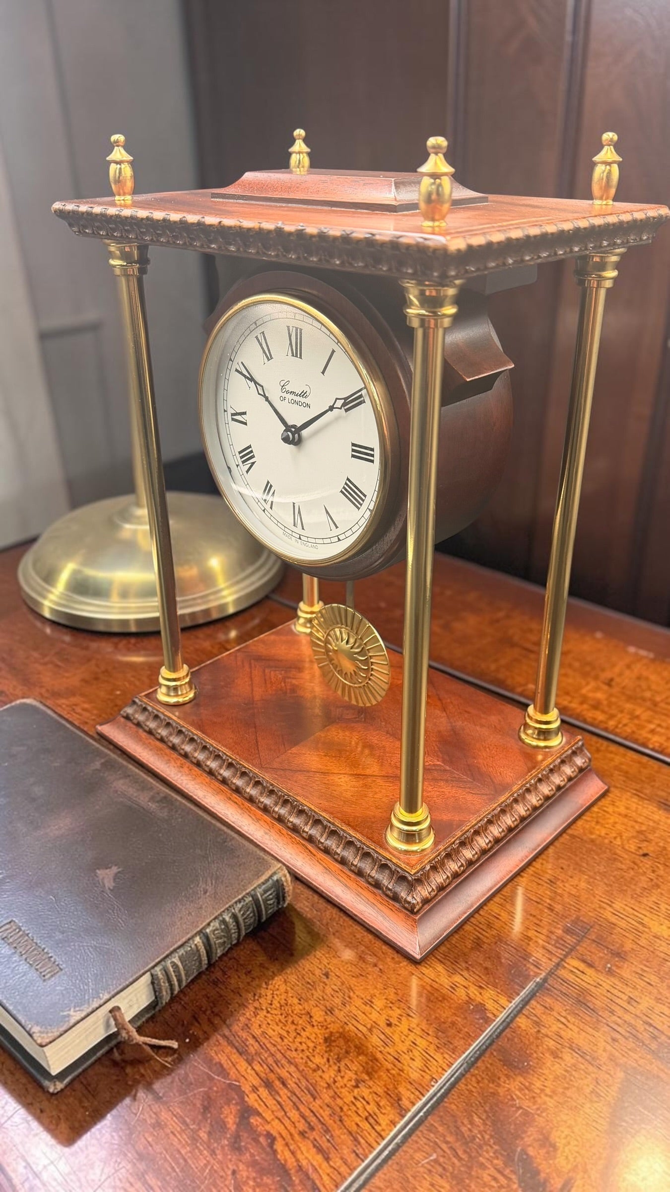 Comitti of London Mantel Clock – Brass Column Quartz Timepiece – Made in England Shelf Clock