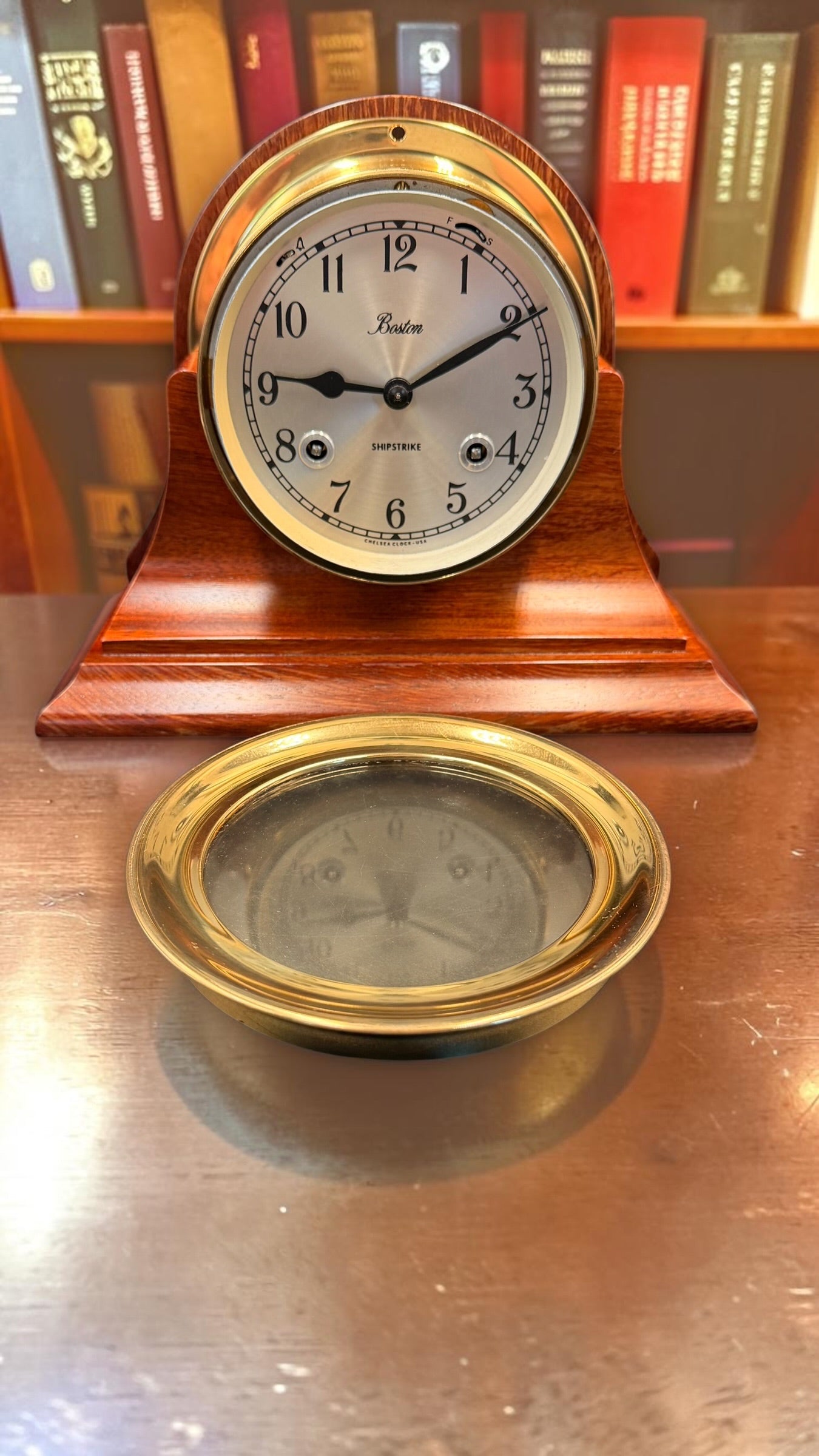 Chelsea Boston Shipstrike Shelf Clock – Brass & Mahogany Wood Base