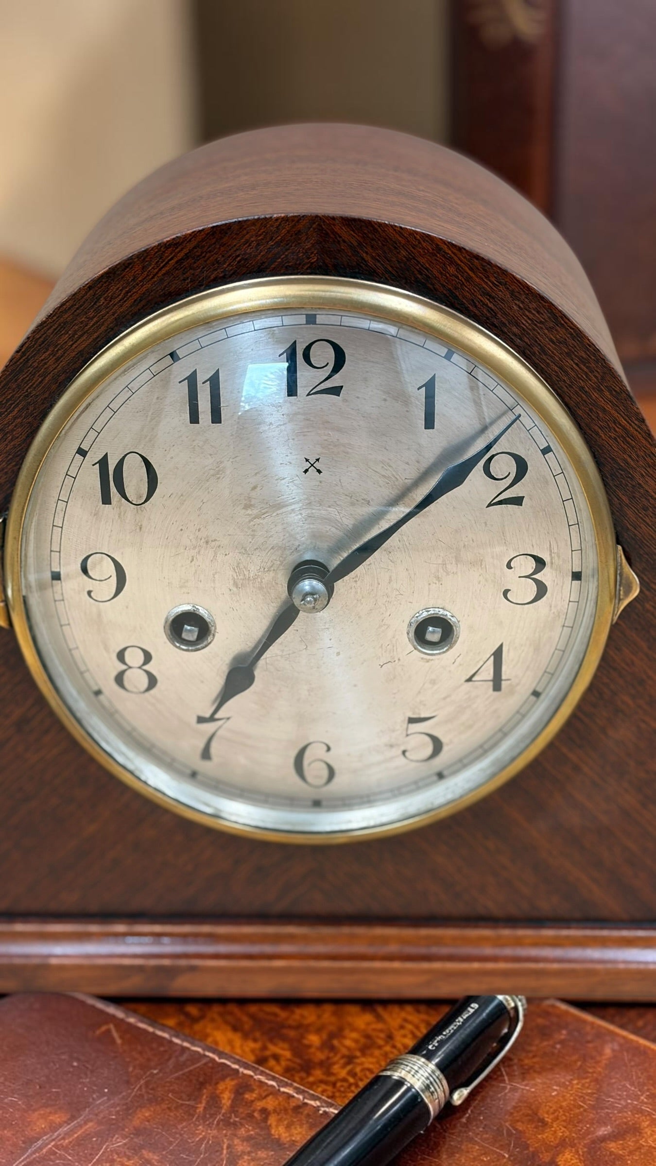 Antique German H.A.C. Mantel Clock c.1920s–30s – Walnut Tambour – Untouched & Working