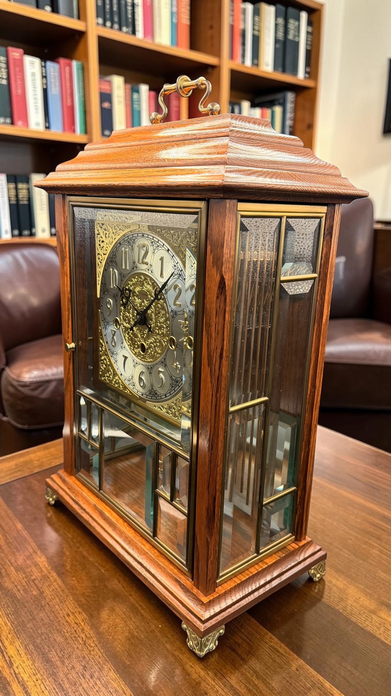 Ansonia Gold Medallion 370 Triple Chime Mantel Clock, Beveled Glass Mechanical Bracket Clock