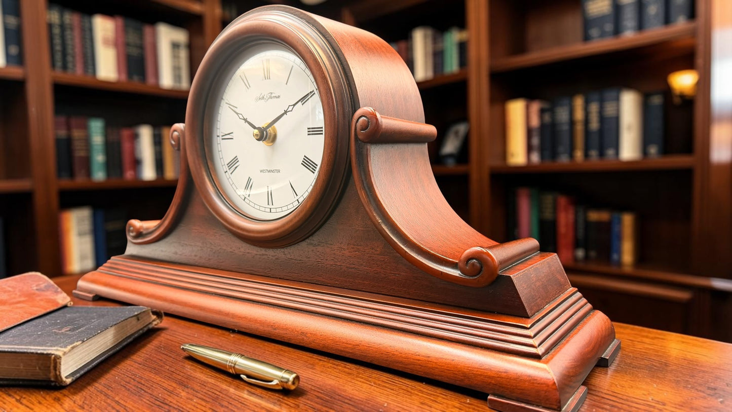 Seth Thomas Westminster Chime Mantel Clock – Pristine Tambour Case – Classic Executive Desk Clock – Vintage