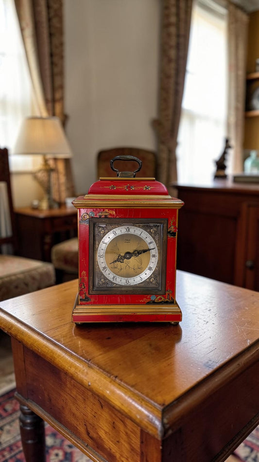 Vintage Elliott London Chinoiserie Mantel Clock – Red Lacquer English Bracket Clock – Made in England
