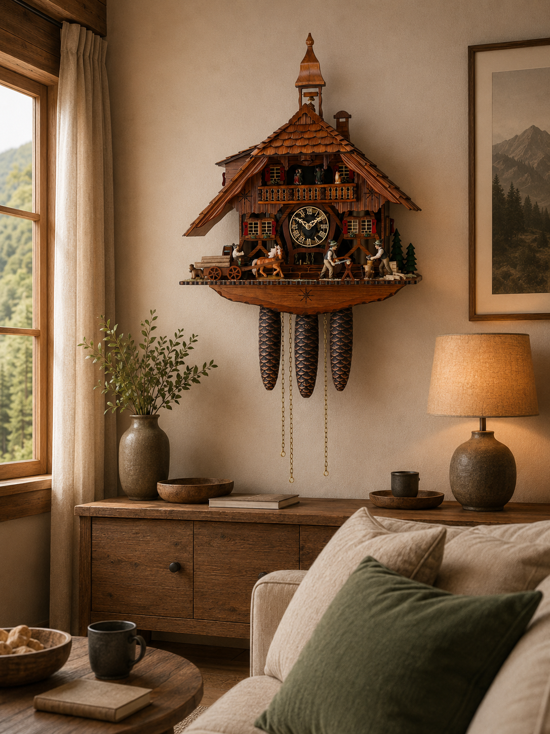 Anton Schneider 8TMT 1595/9 Sawmill cuckoo clock, room setting