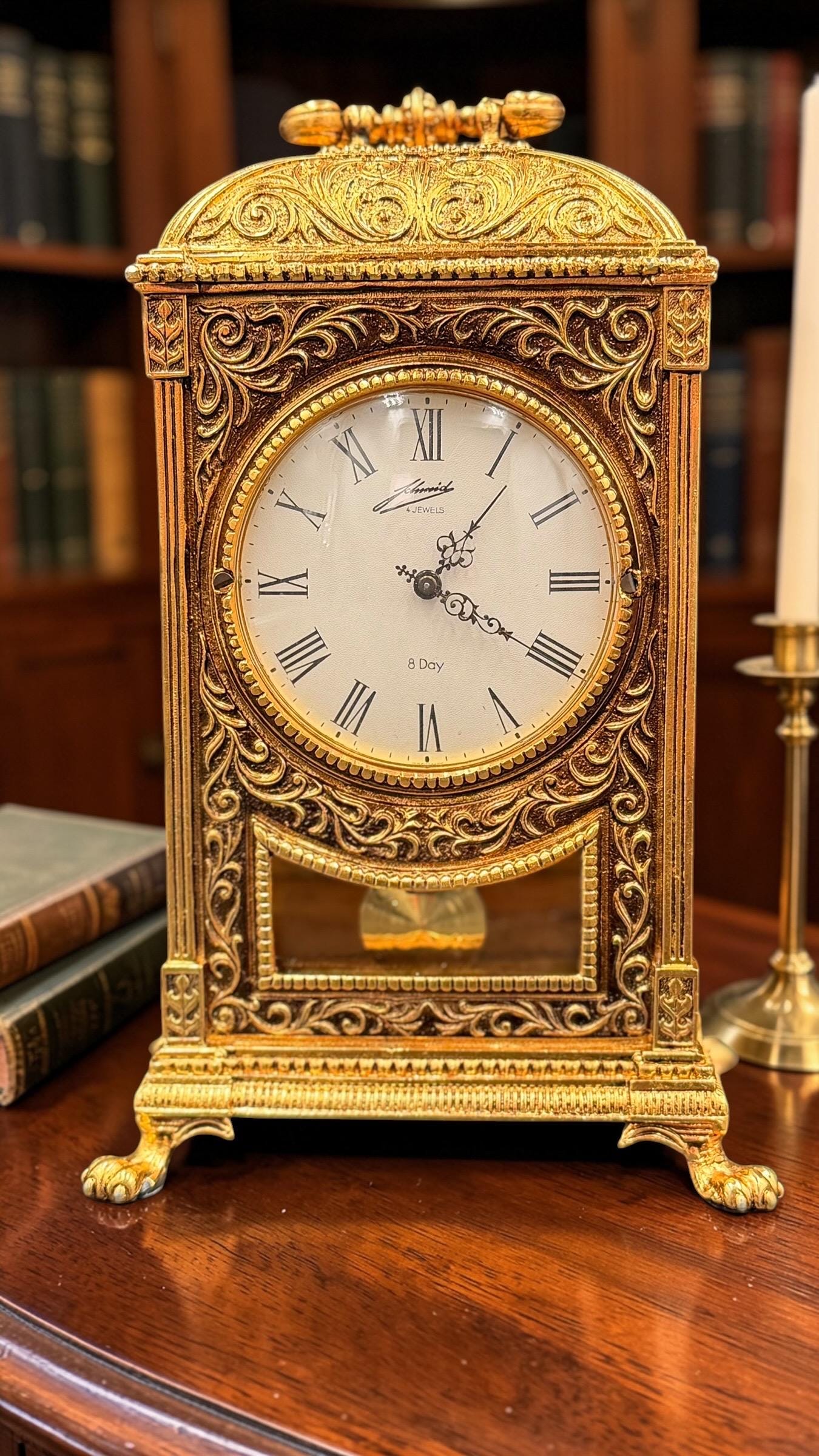 Schmid 8-Day Mechanical Brass Mantel Clock – Ornate Cast Case