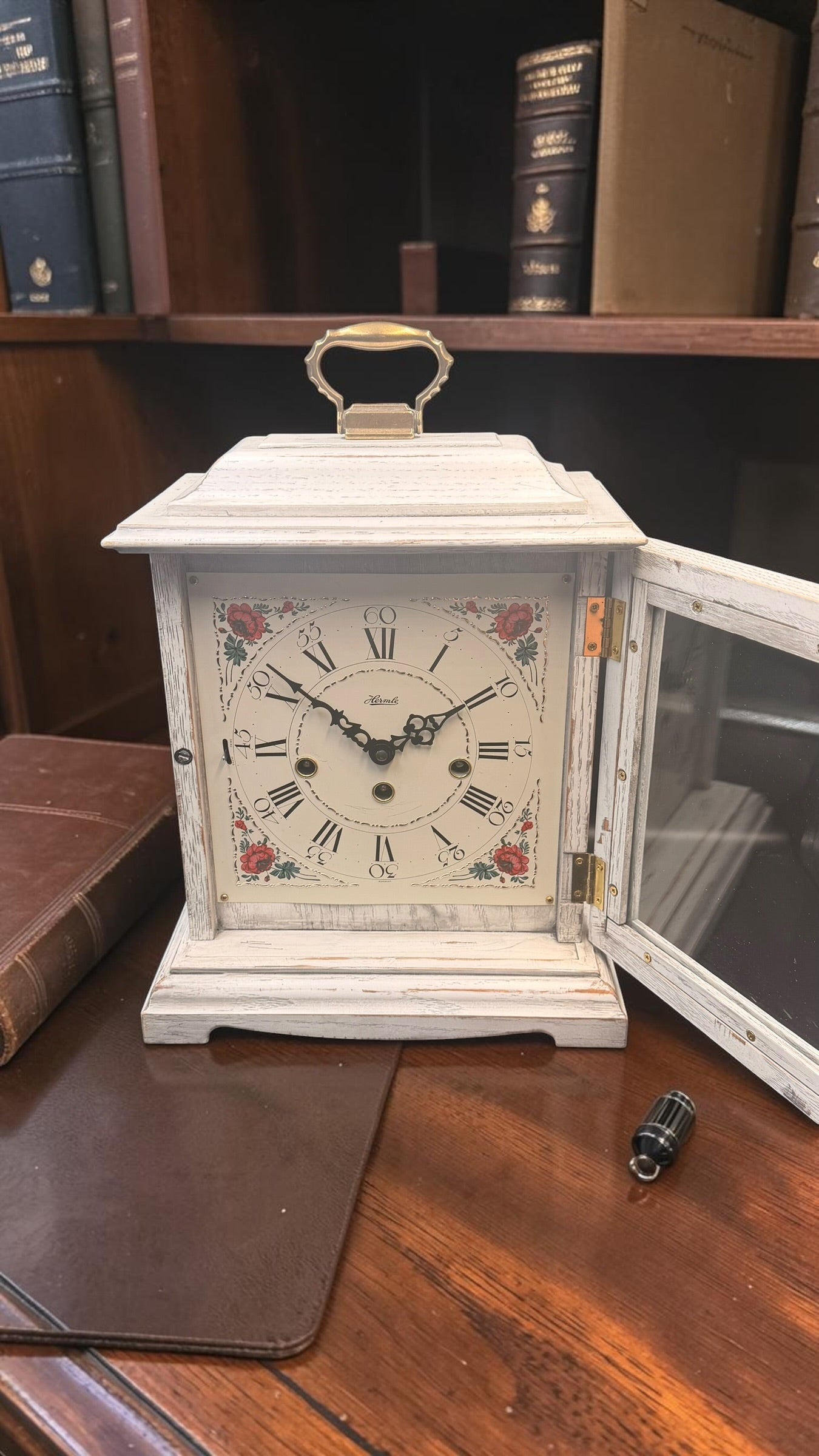 Hermle Austen Mantel Clock – German Mechanical Westminster Chime – Distressed White Farmhouse Shelf Clock