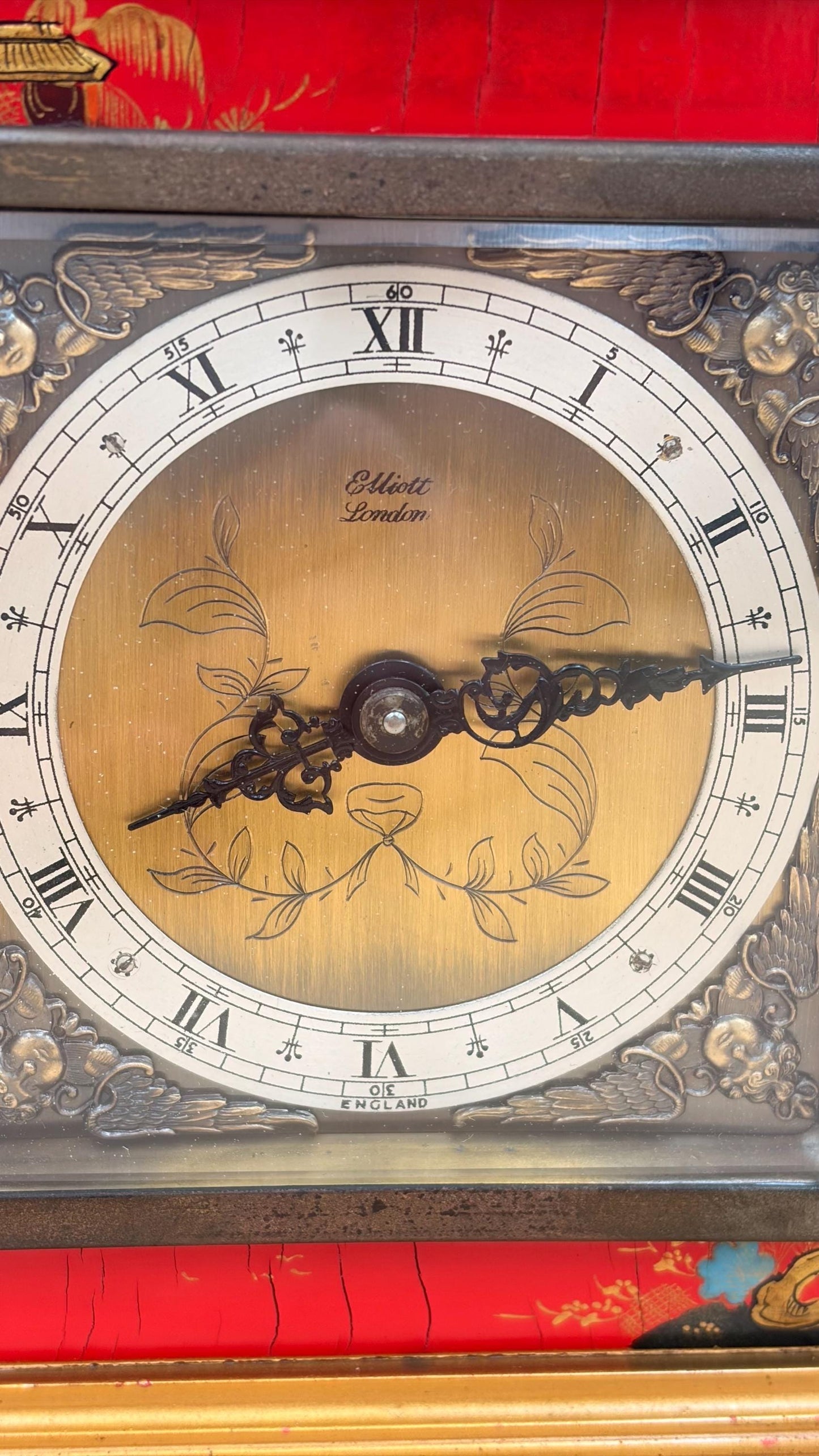 Vintage Elliott London Chinoiserie Mantel Clock – Red Lacquer English Bracket Clock – Made in England