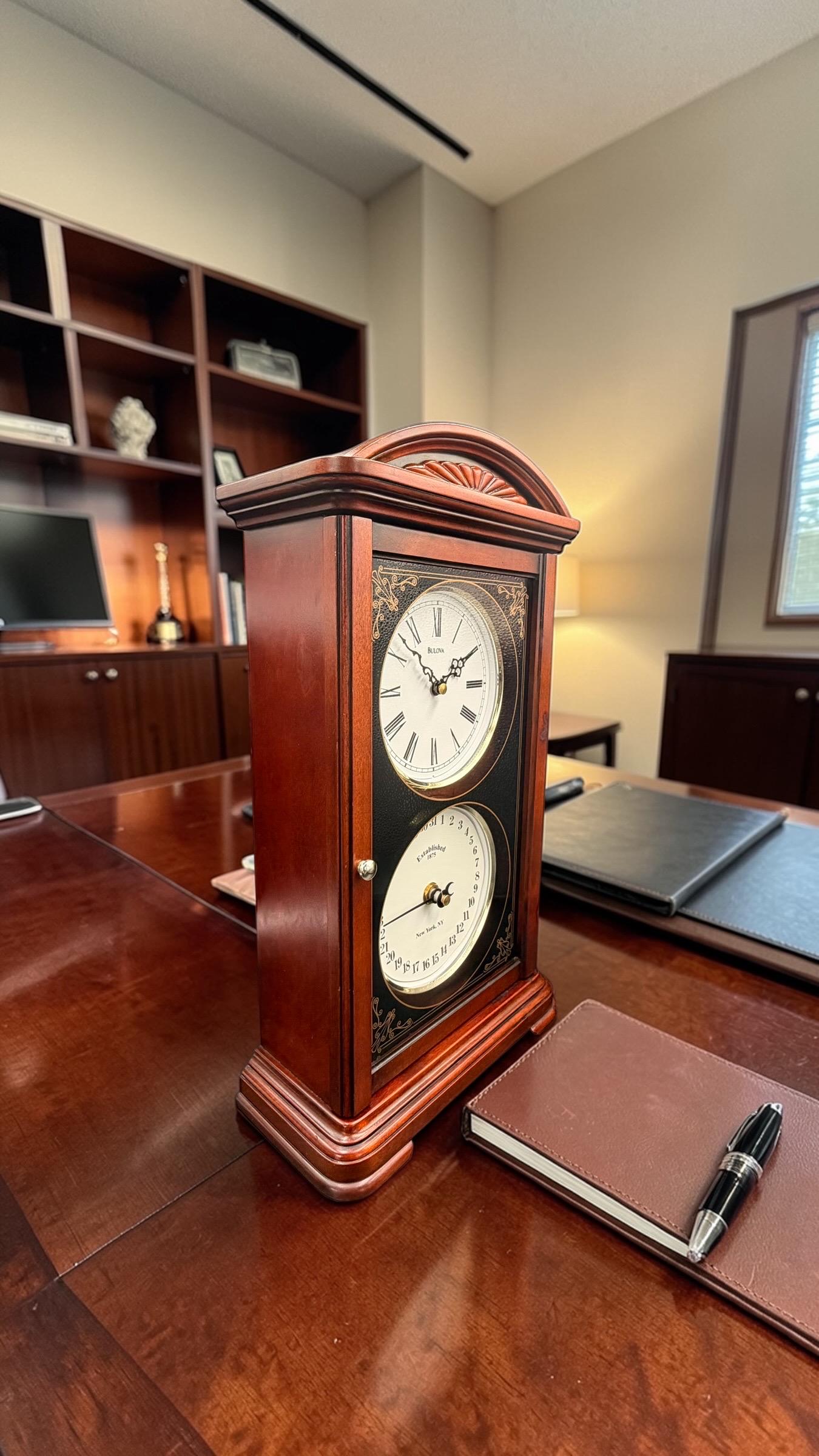 Bulova Cherry Wood Quartz Calendar Mantel Clock