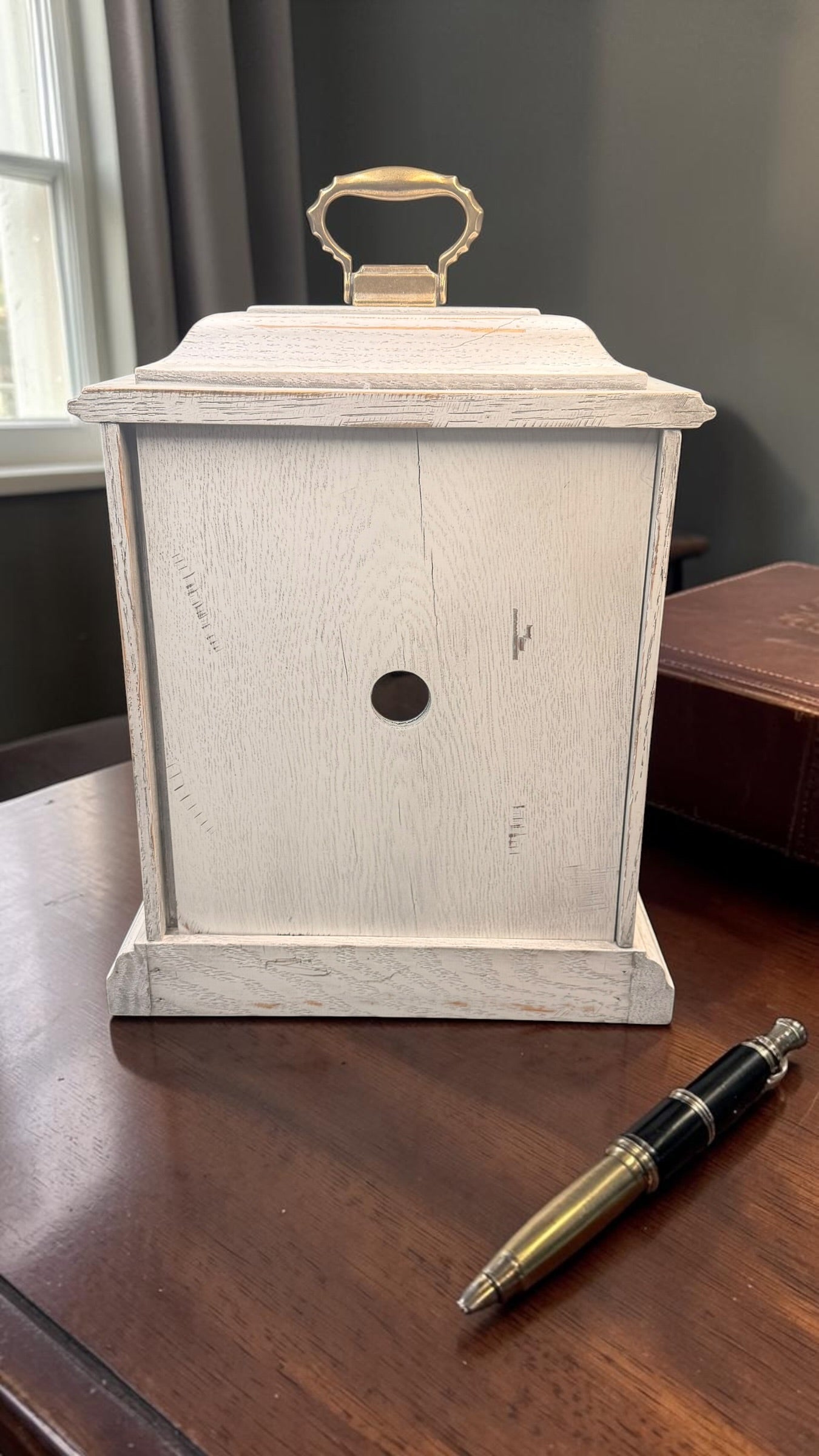 Hermle Austen Mantel Clock – German Mechanical Westminster Chime – Distressed White Farmhouse Shelf Clock