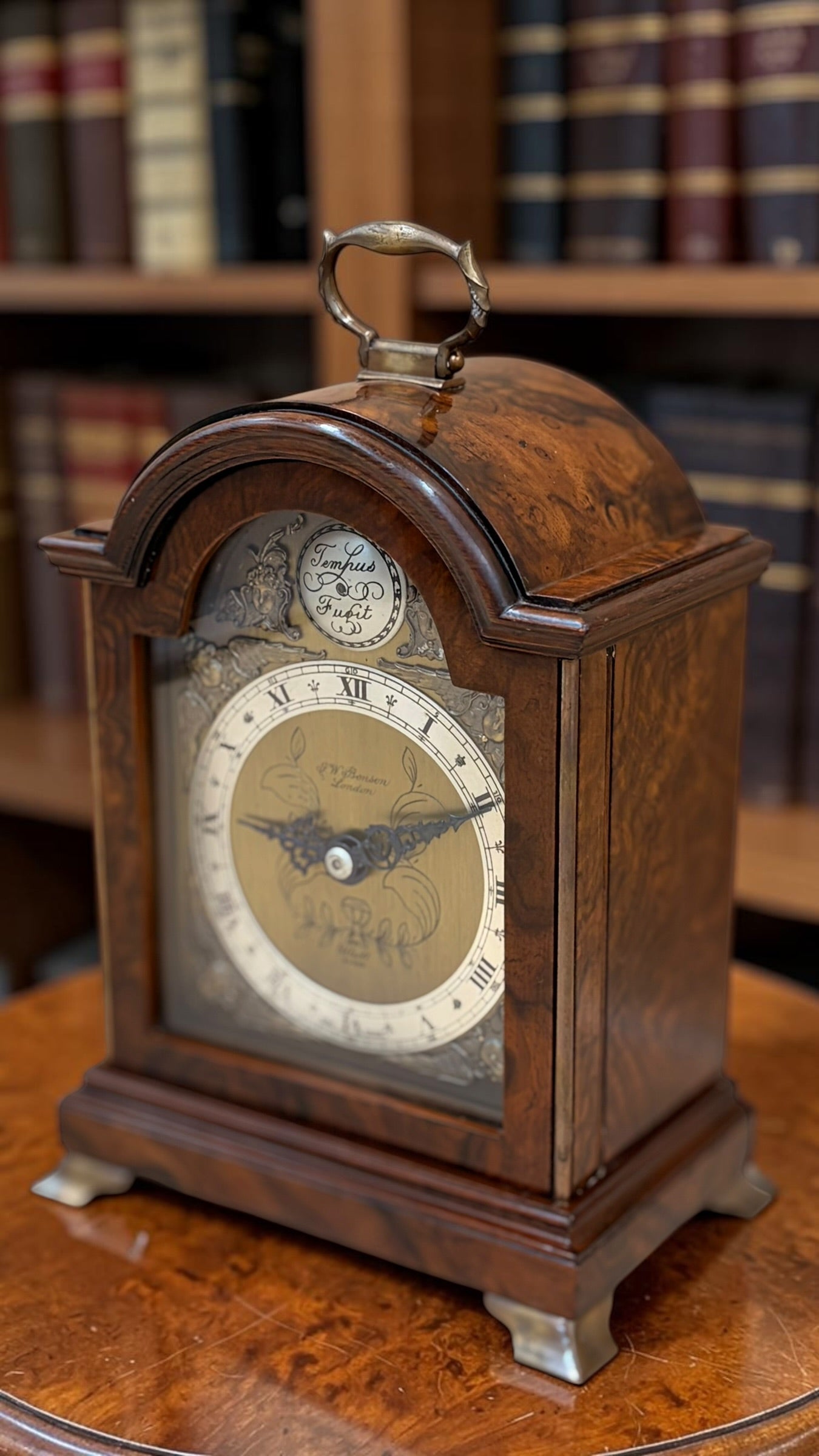 Vintage Elliott of London Burr Walnut Bracket Clock – English 8-Day Time-Only Mechanical Mantel Clock – Freshly Serviced