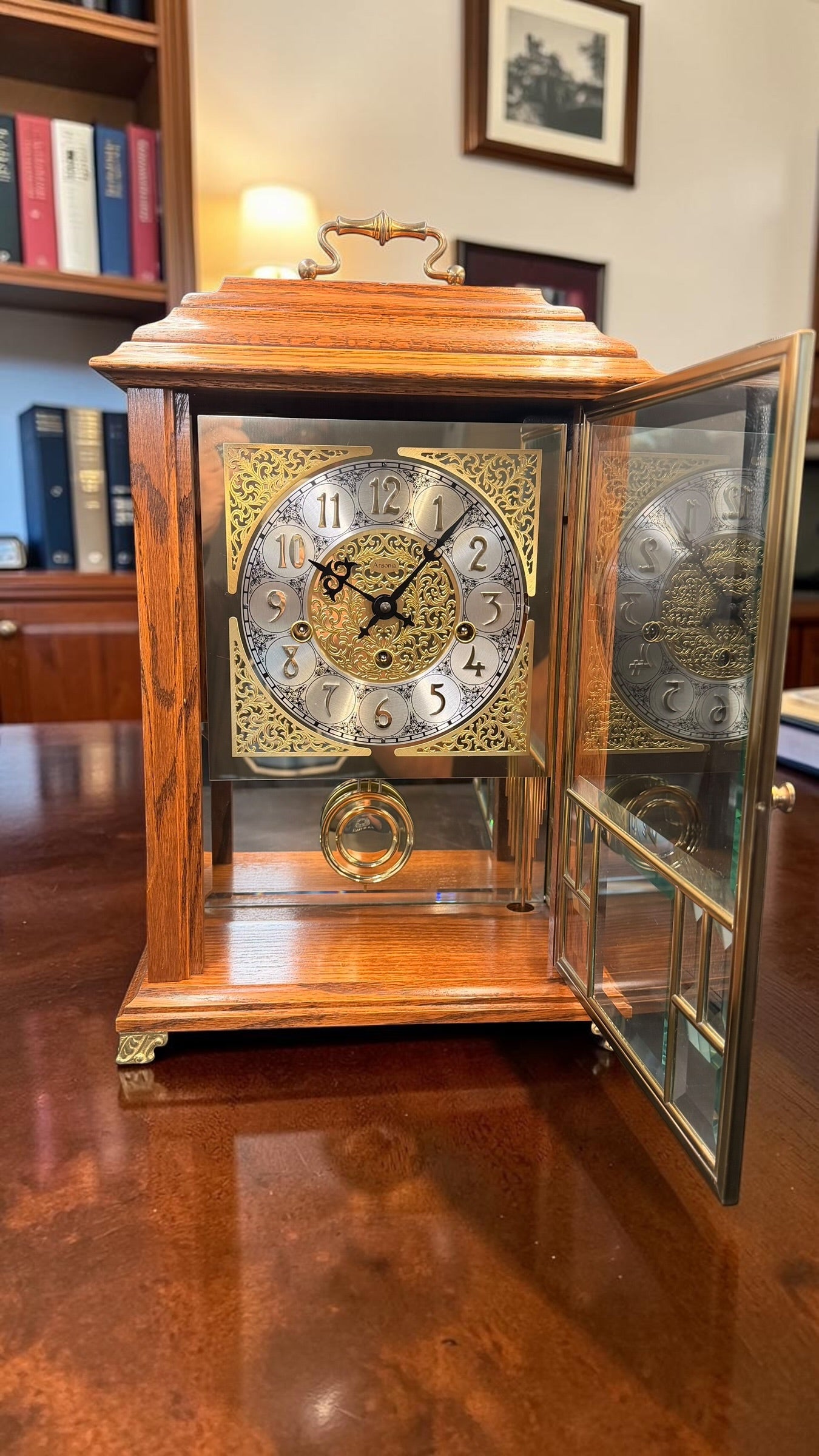 Ansonia Gold Medallion 370 Triple Chime Mantel Clock, Beveled Glass Mechanical Bracket Clock