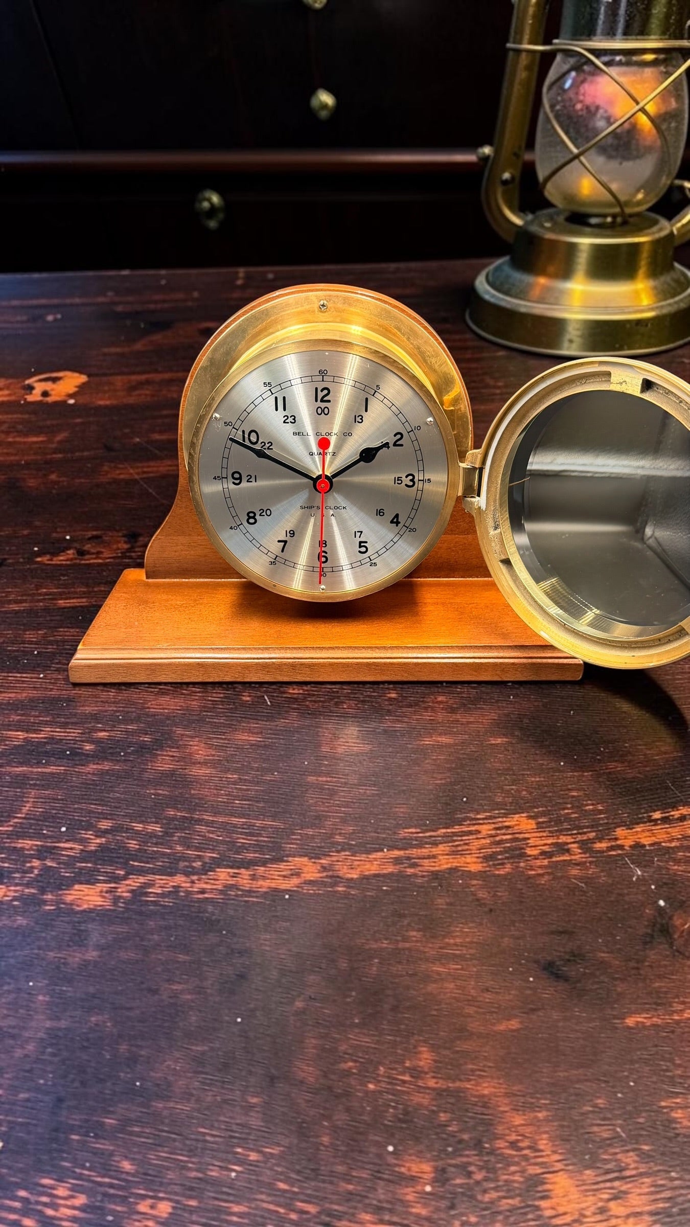 Vintage Bell Clock Co. Quartz Ship’s Clock on Wooden Stand – Brass Porthole Nautical Desk Clock – Made in USA