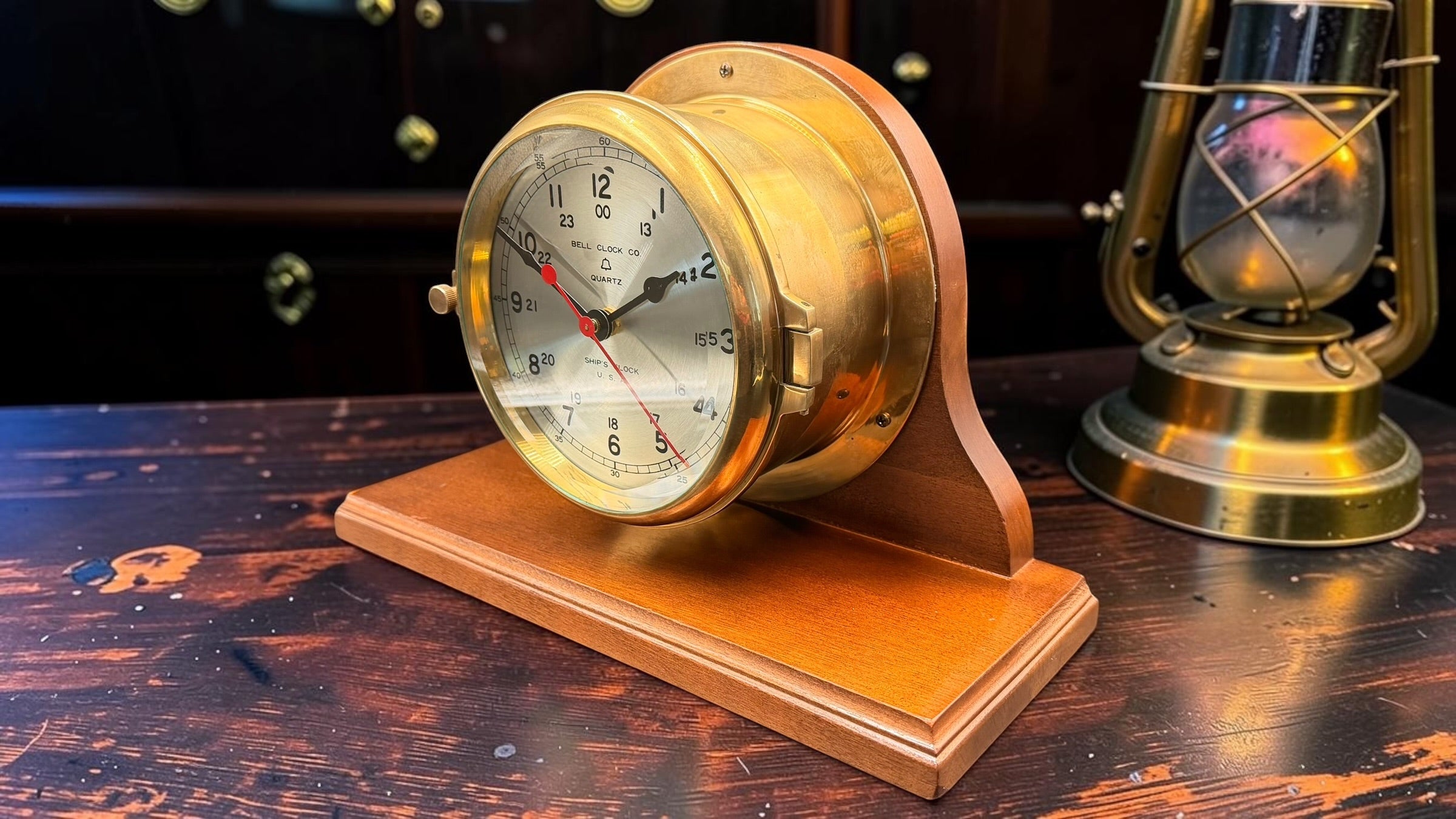 Vintage Bell Clock Co. Quartz Ship’s Clock on Wooden Stand – Brass Porthole Nautical Desk Clock – Made in USA