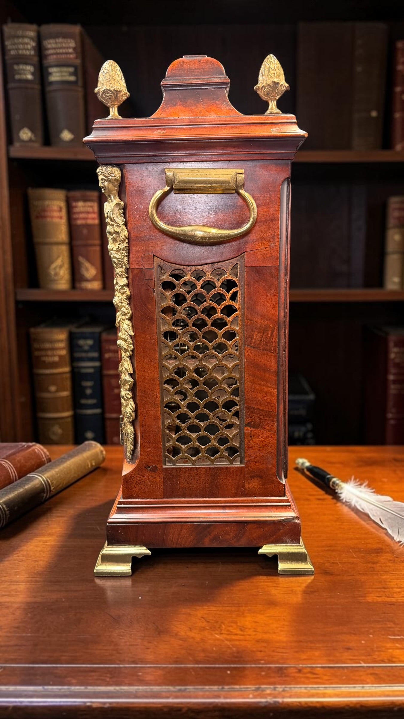 Ornate English Style Mahogany Bracket Clock Case – Brass Dial Display Clock – Restoration Candidate