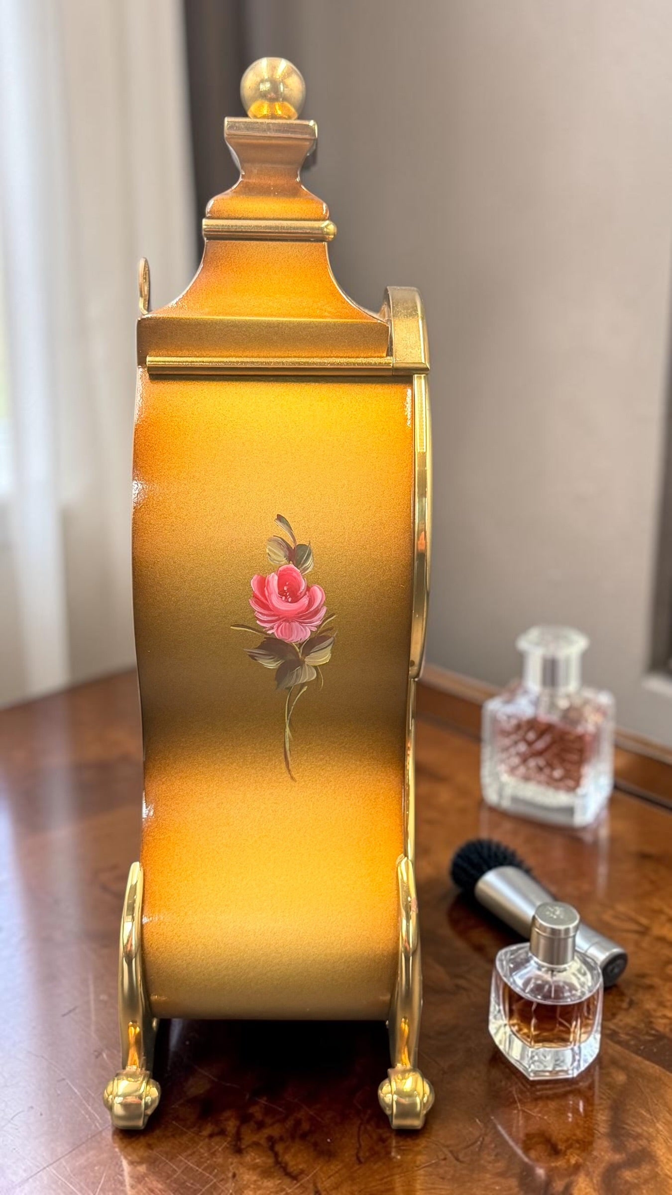 Bucherer Swiss Quartz Mantel Clock – Gold Tone, Hand-Painted Floral, Eluxa Case