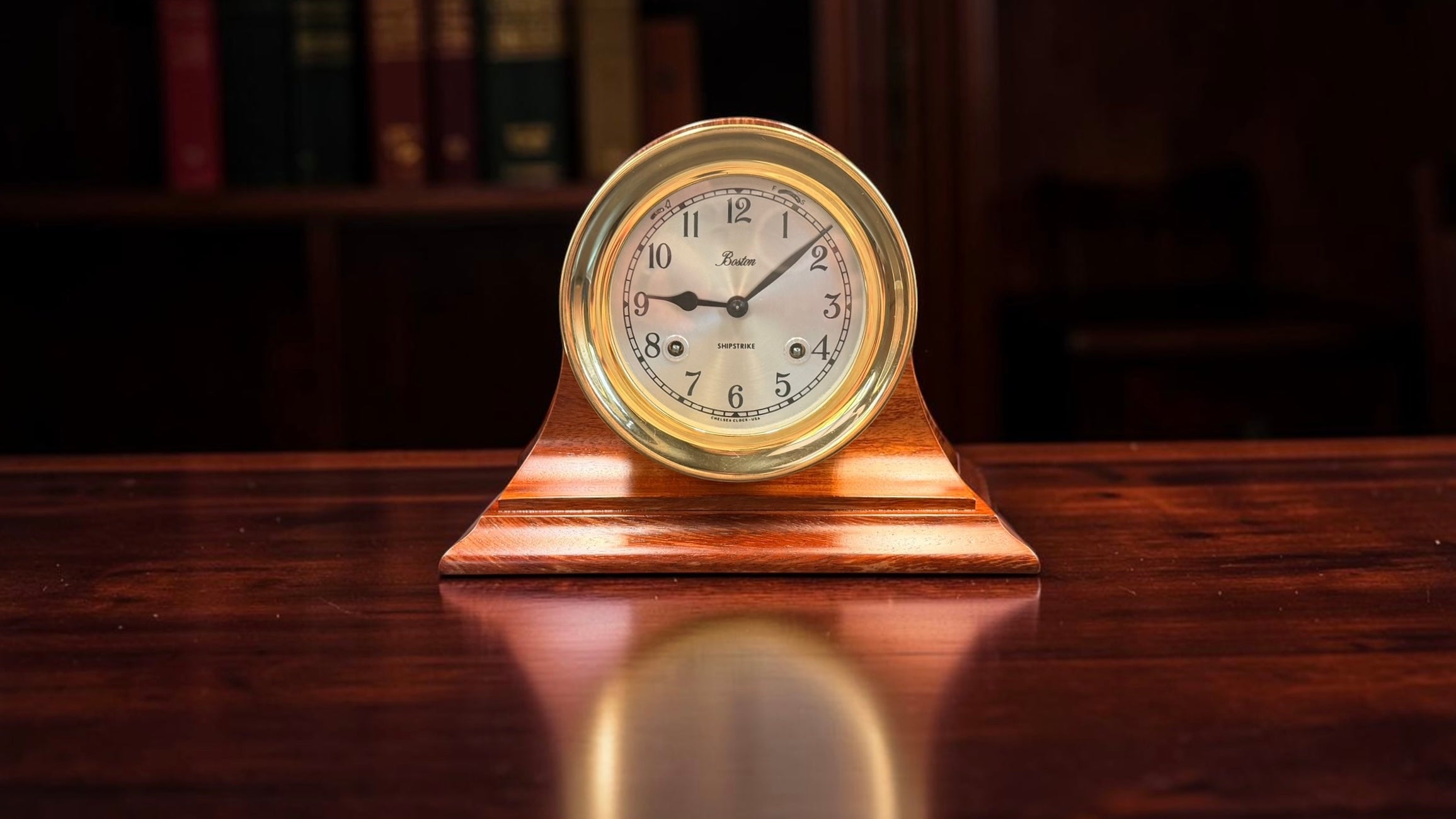 Chelsea Boston Shipstrike Shelf Clock – Brass & Mahogany Wood Base