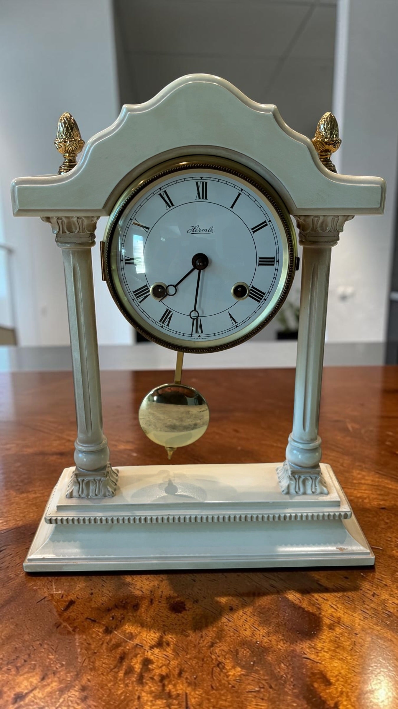 Vintage Hermle Portico Mantel Clock, German 8-Day Key Wind Bim Bam Strike