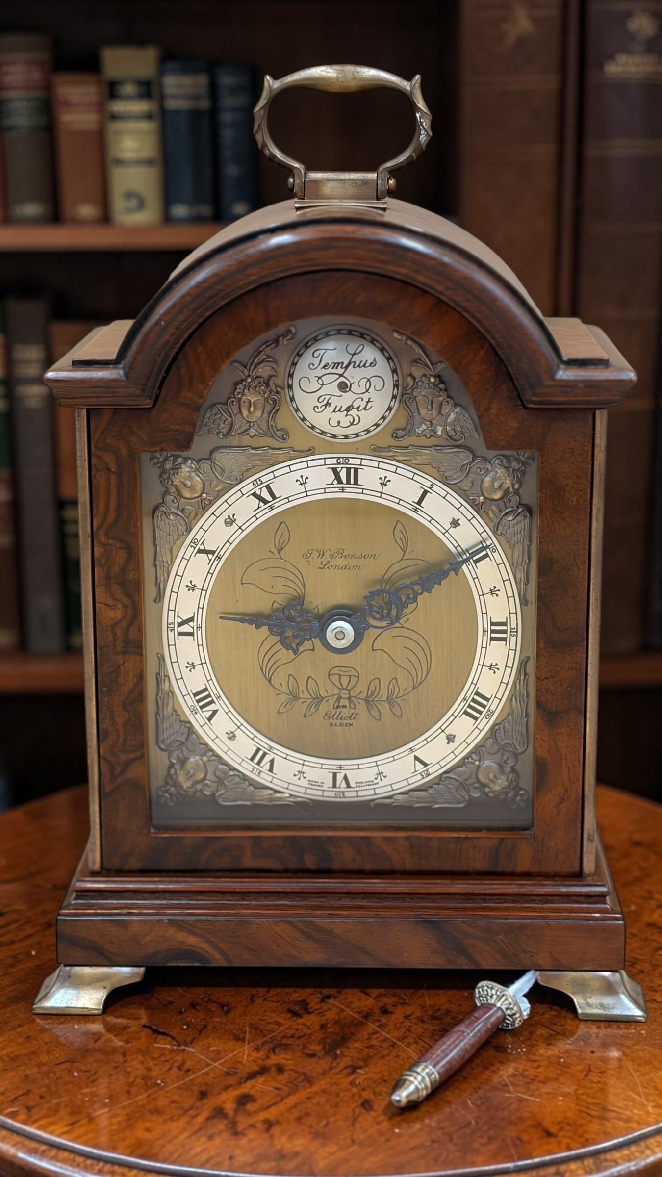 Vintage Elliott of London Burr Walnut Bracket Clock – English 8-Day Time-Only Mechanical Mantel Clock – Freshly Serviced