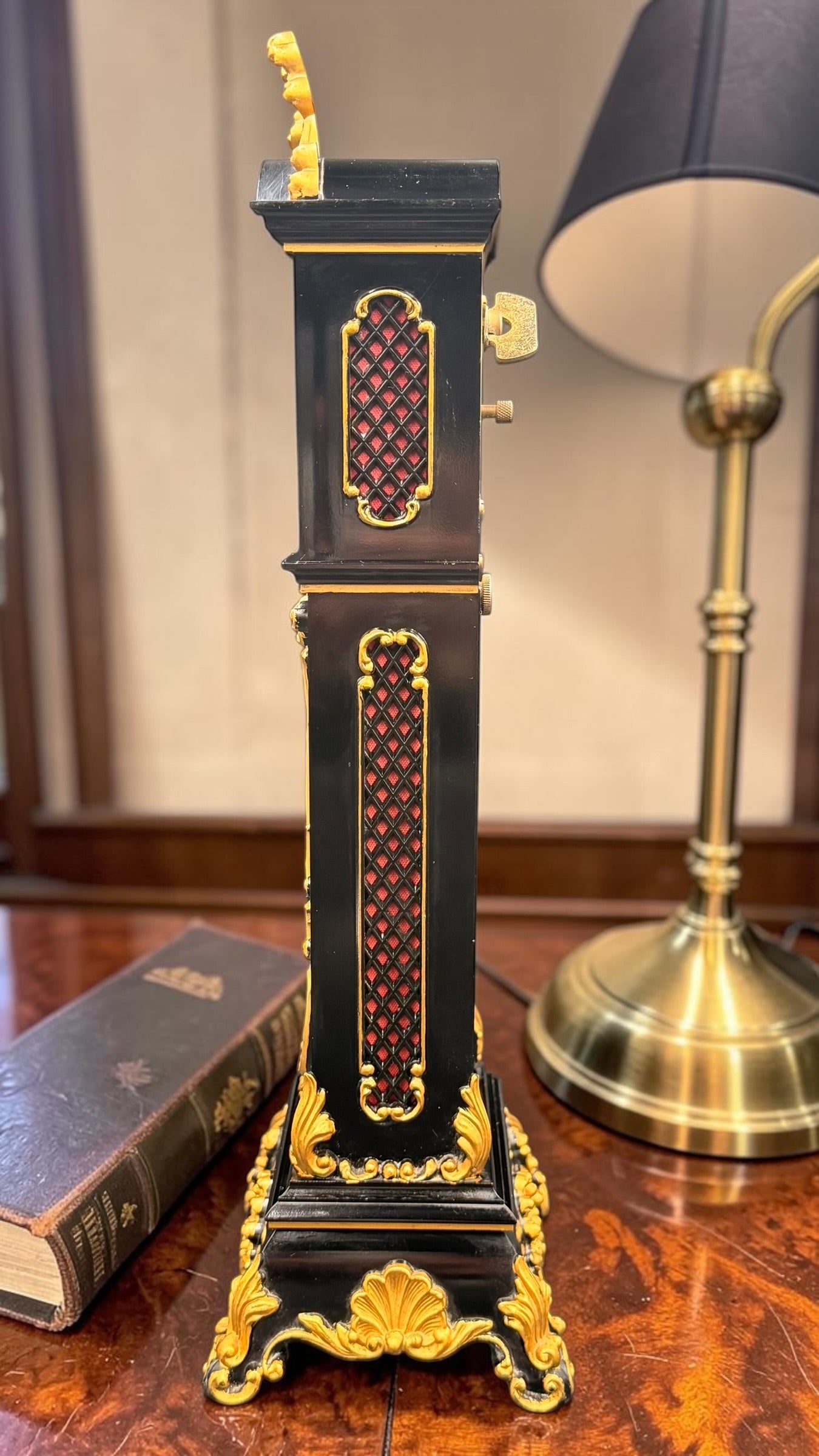 Vintage Schmid 8-Day Miniature Grandfather Clock – Black & Gold Rococo – West Germany – Mechanical Key Wind