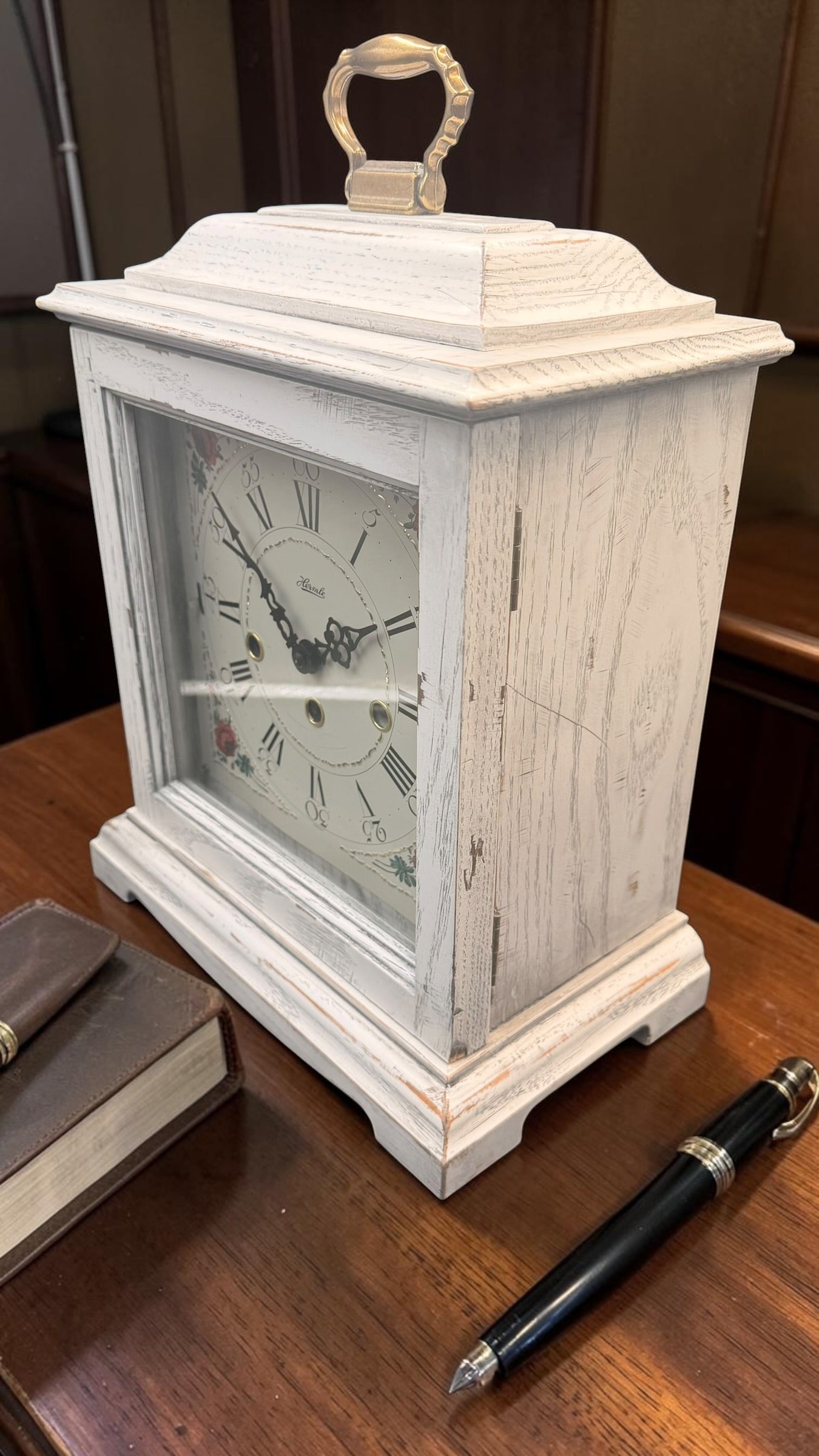 Hermle Austen Mantel Clock – German Mechanical Westminster Chime – Distressed White Farmhouse Shelf Clock