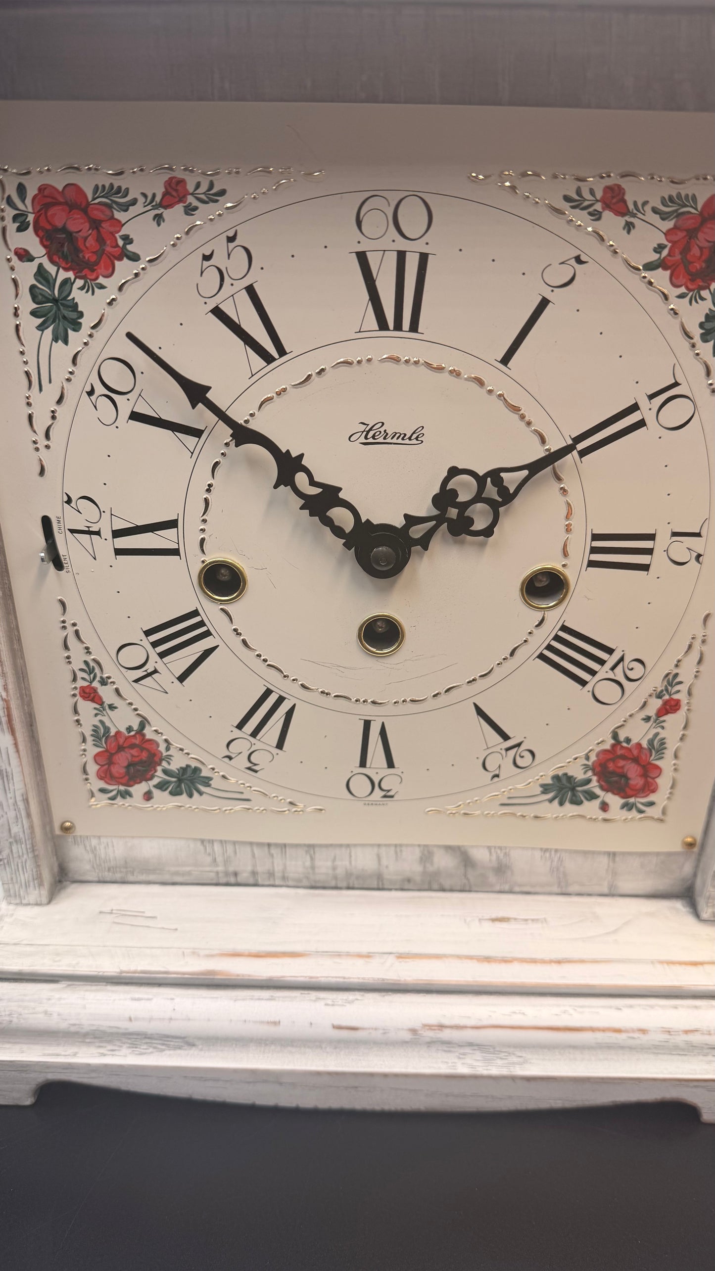 Hermle Austen Mantel Clock – German Mechanical Westminster Chime – Distressed White Farmhouse Shelf Clock