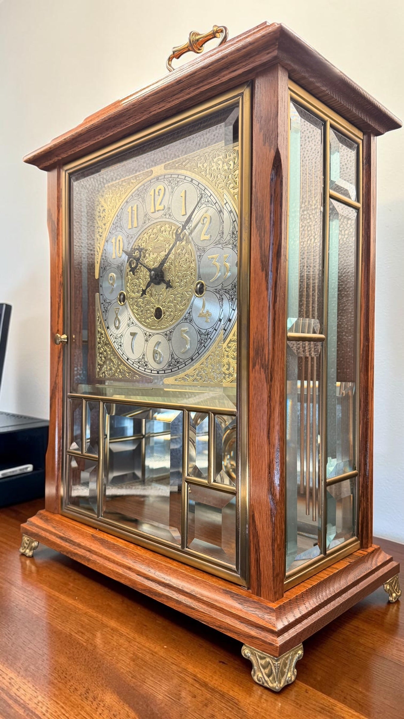 Ansonia Gold Medallion 370 Triple Chime Mantel Clock, Beveled Glass Mechanical Bracket Clock