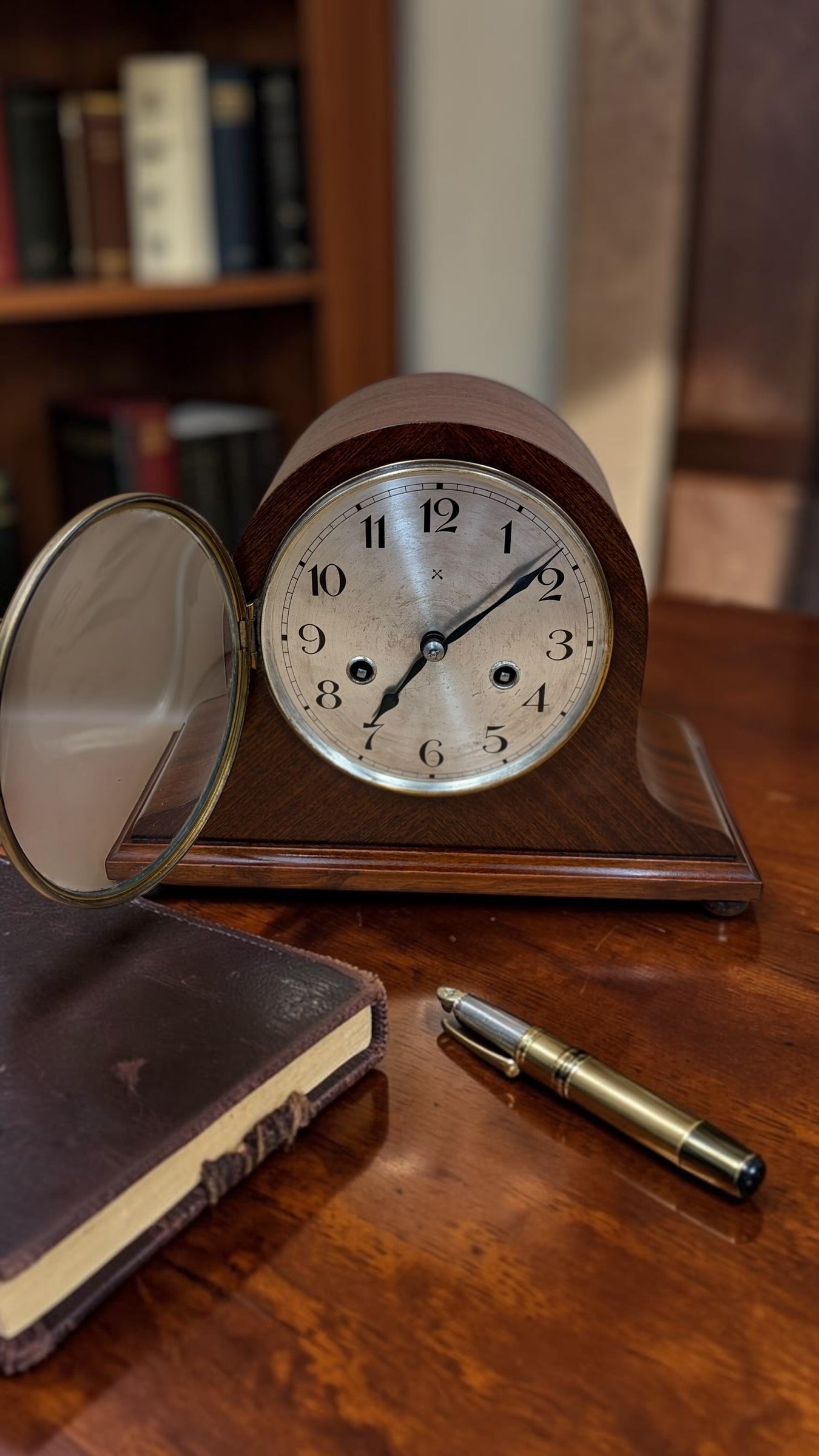 Antique German H.A.C. Mantel Clock c.1920s–30s – Walnut Tambour – Untouched & Working