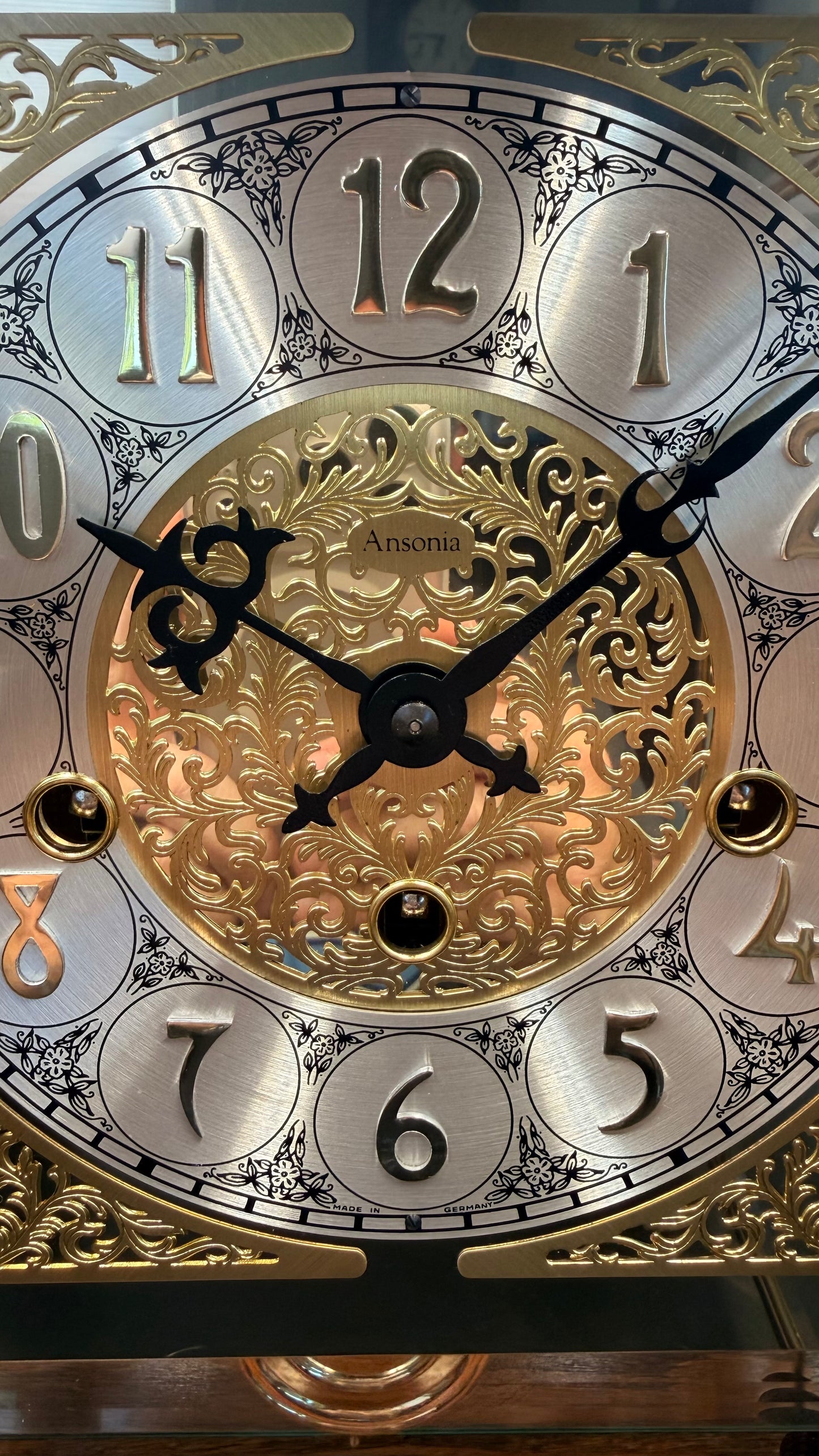 Ansonia Gold Medallion 370 Triple Chime Mantel Clock, Beveled Glass Mechanical Bracket Clock