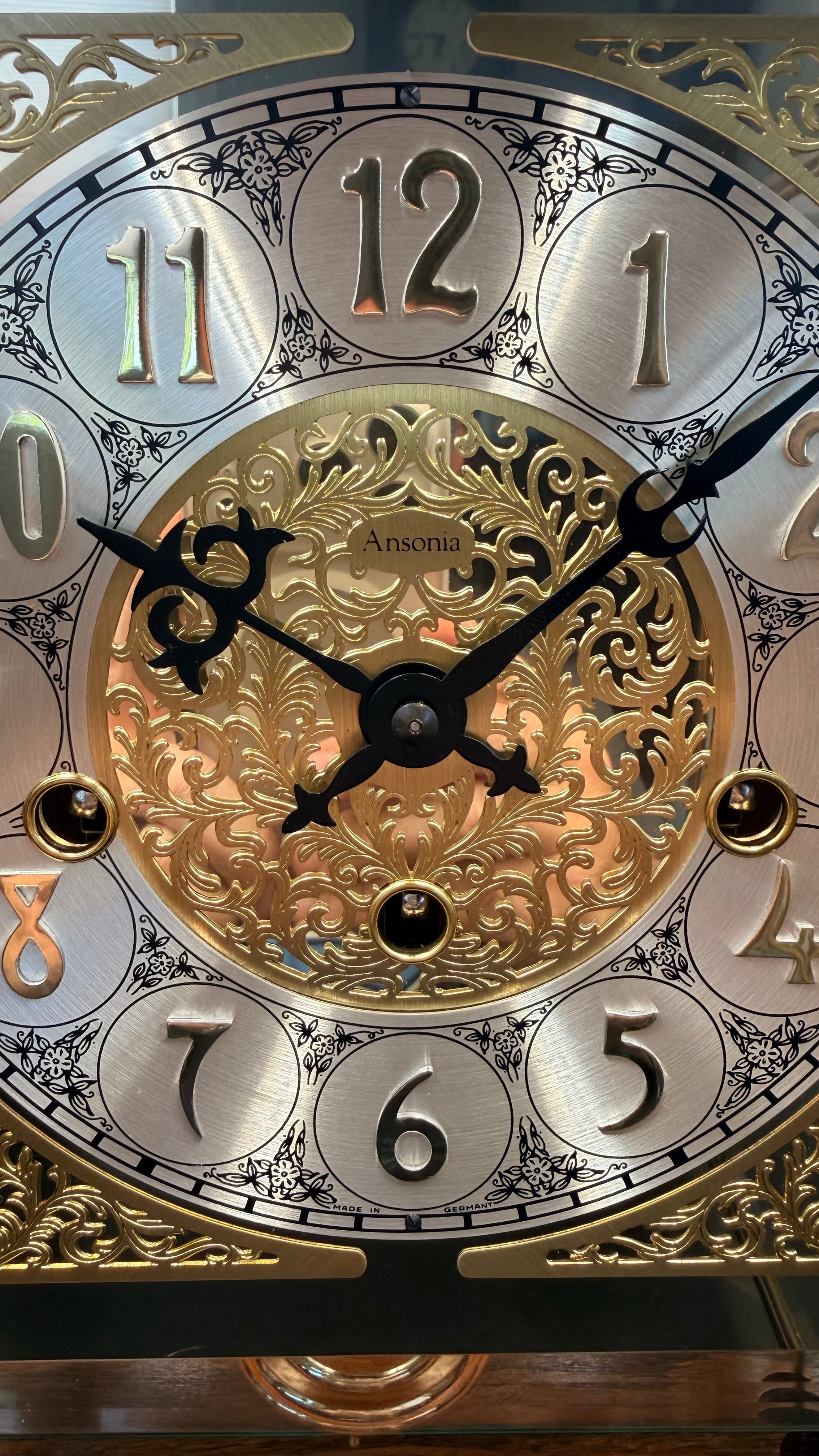 Ansonia Gold Medallion 370 Triple Chime Mantel Clock, Beveled Glass Mechanical Bracket Clock