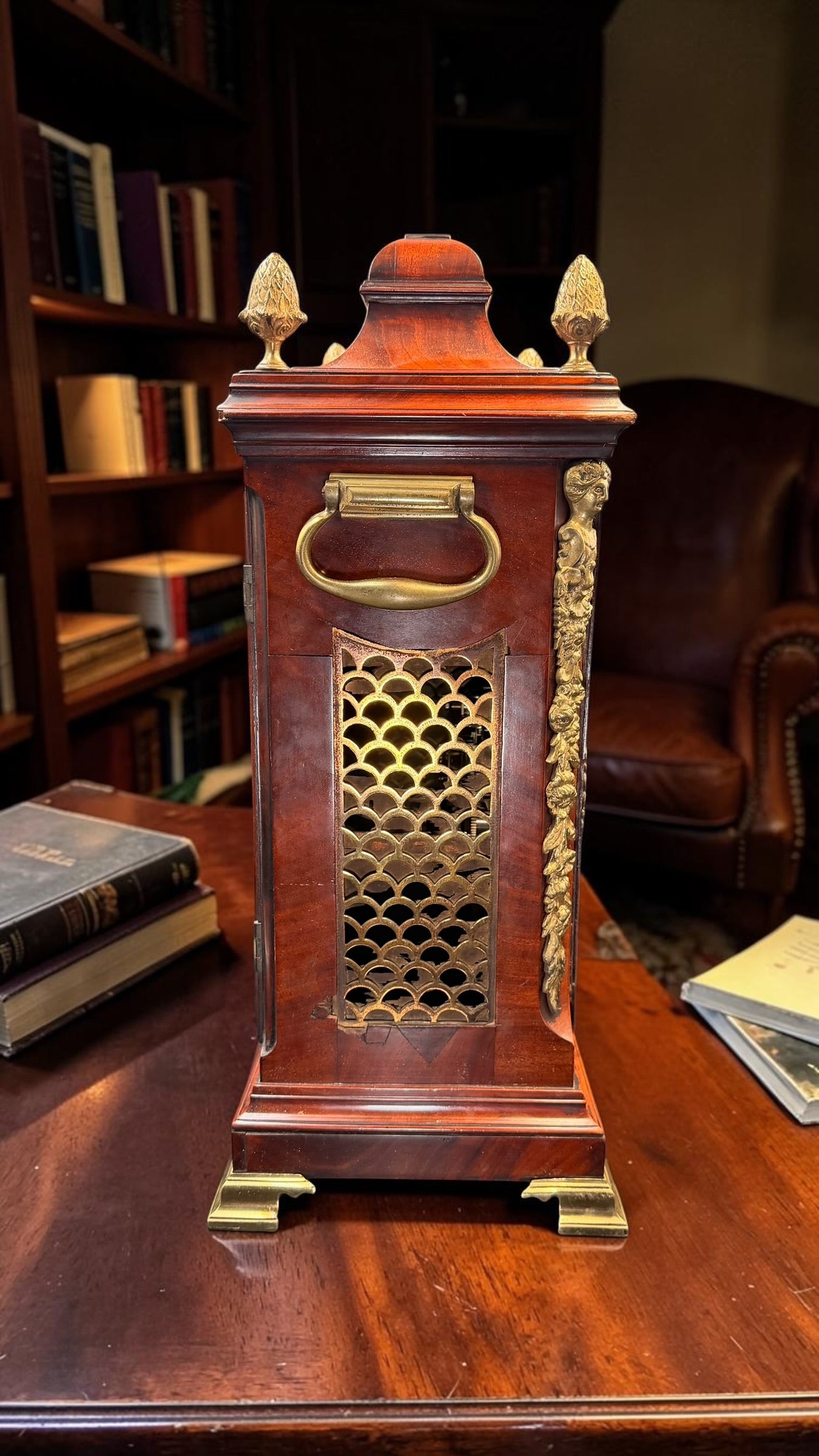 Ornate English Style Mahogany Bracket Clock Case – Brass Dial Display Clock – Restoration Candidate