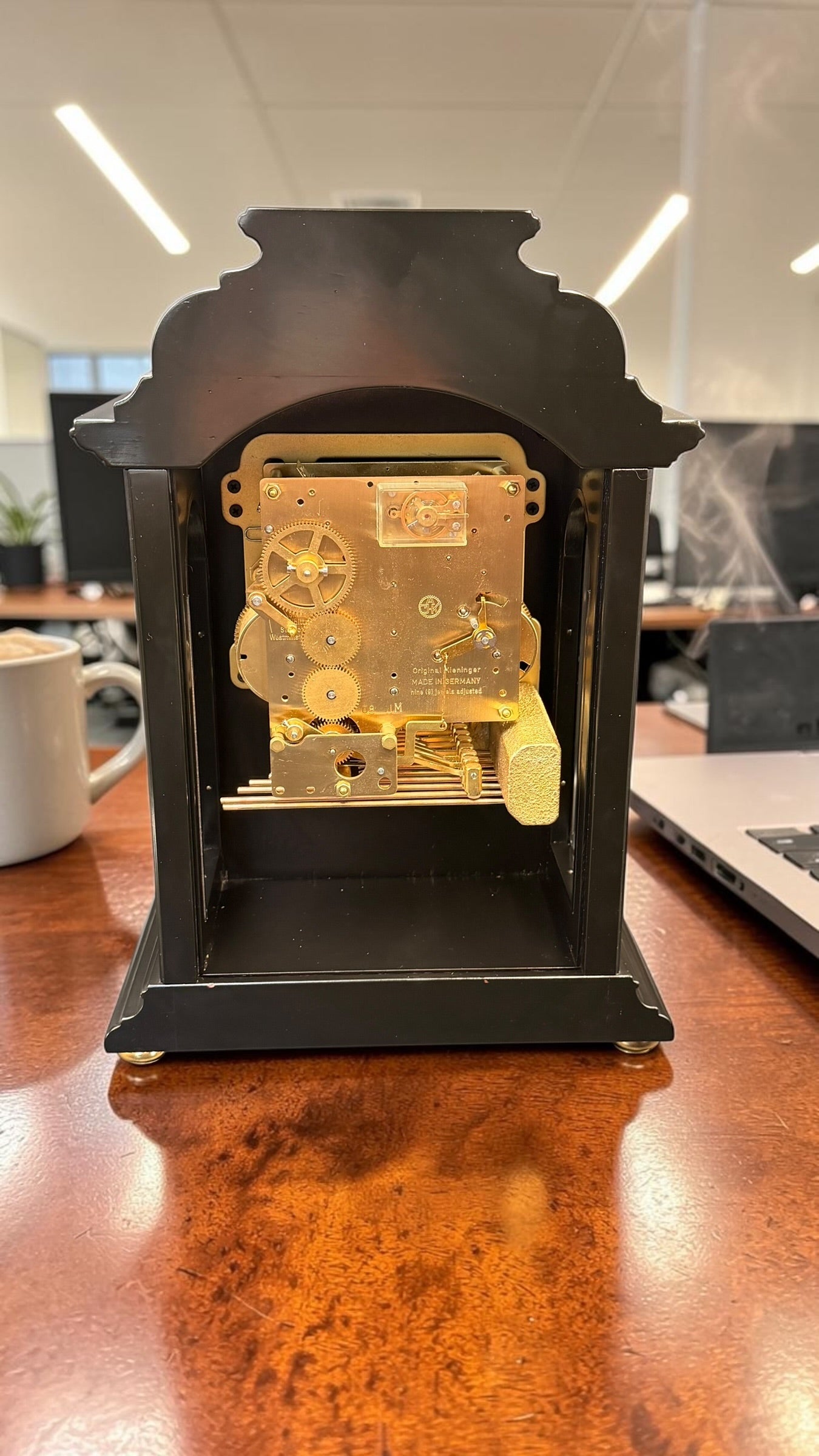 Luxury Kieninger Triple Chime Mantel Clock – German 9 Jewel Mechanical Movement – Black Bracket Case