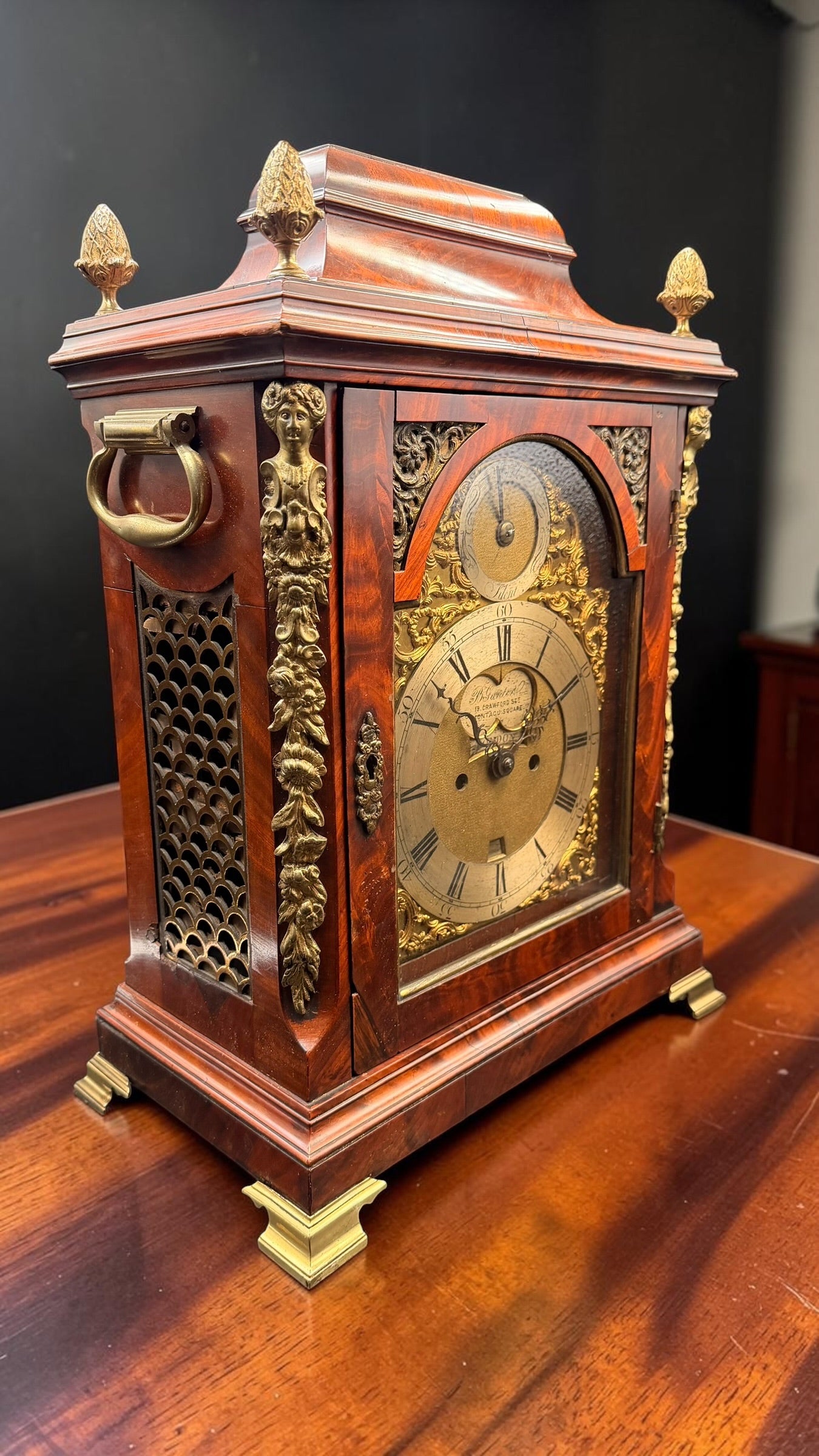 Ornate English Style Mahogany Bracket Clock Case – Brass Dial Display Clock – Restoration Candidate