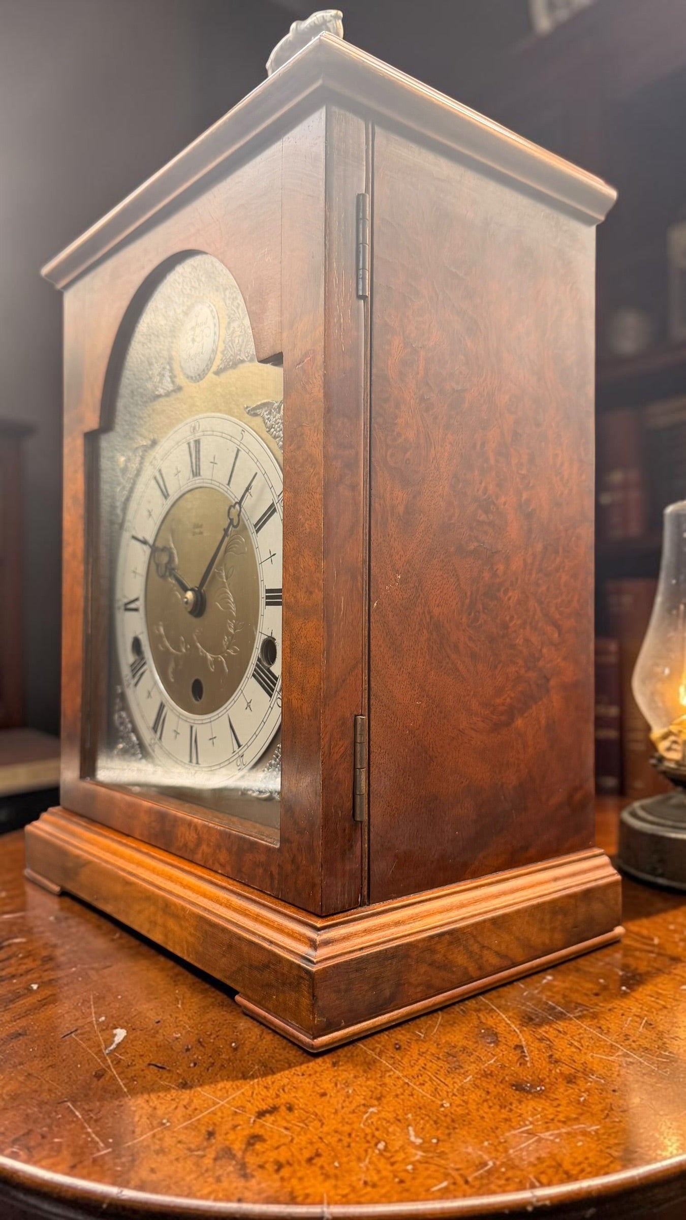 Elliott London Westminster Chime Mantel Clock – Burl Walnut Cabinet,  Mechanical Pendulum Movement