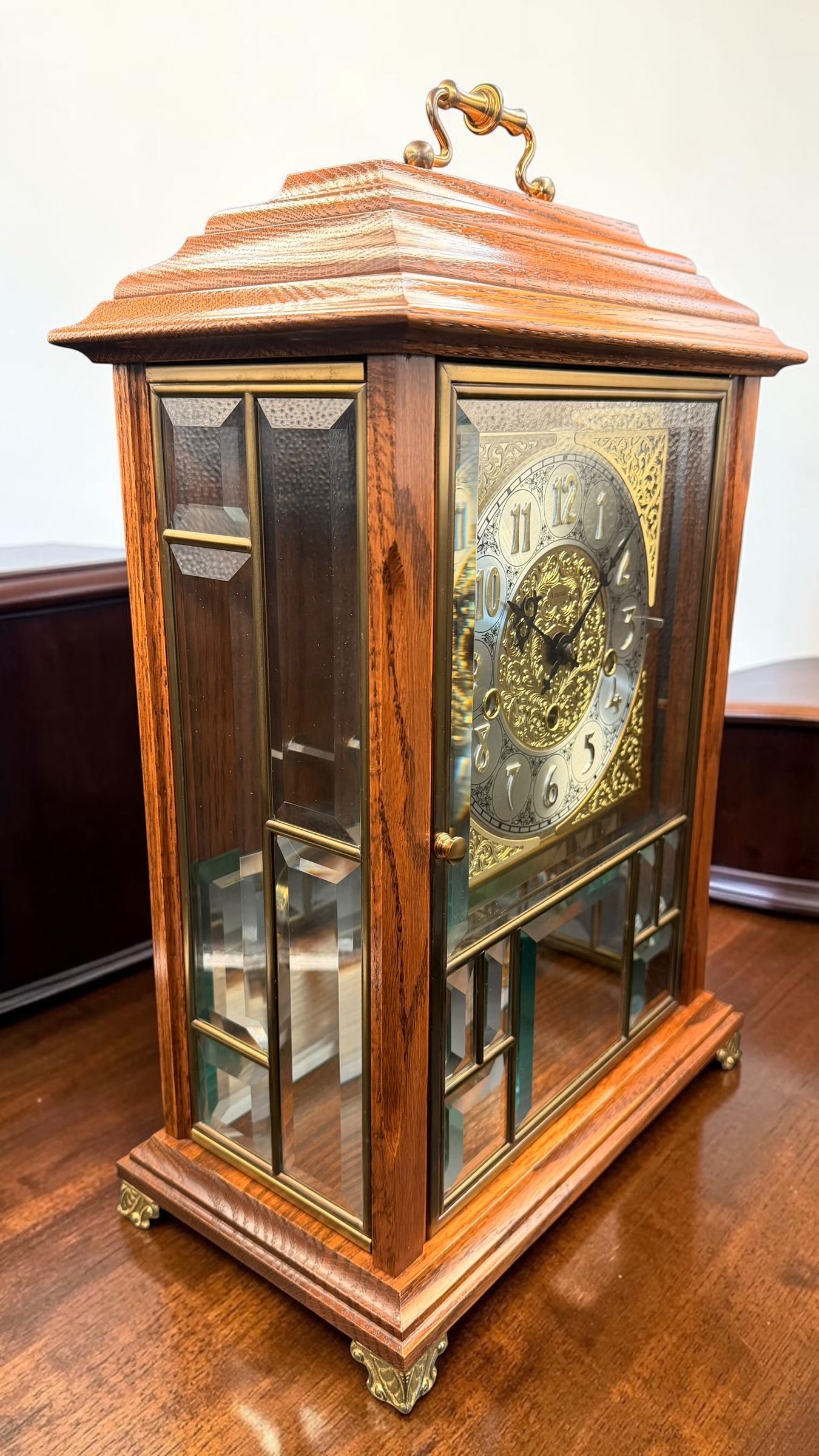 Ansonia Gold Medallion 370 Triple Chime Mantel Clock, Beveled Glass Mechanical Bracket Clock
