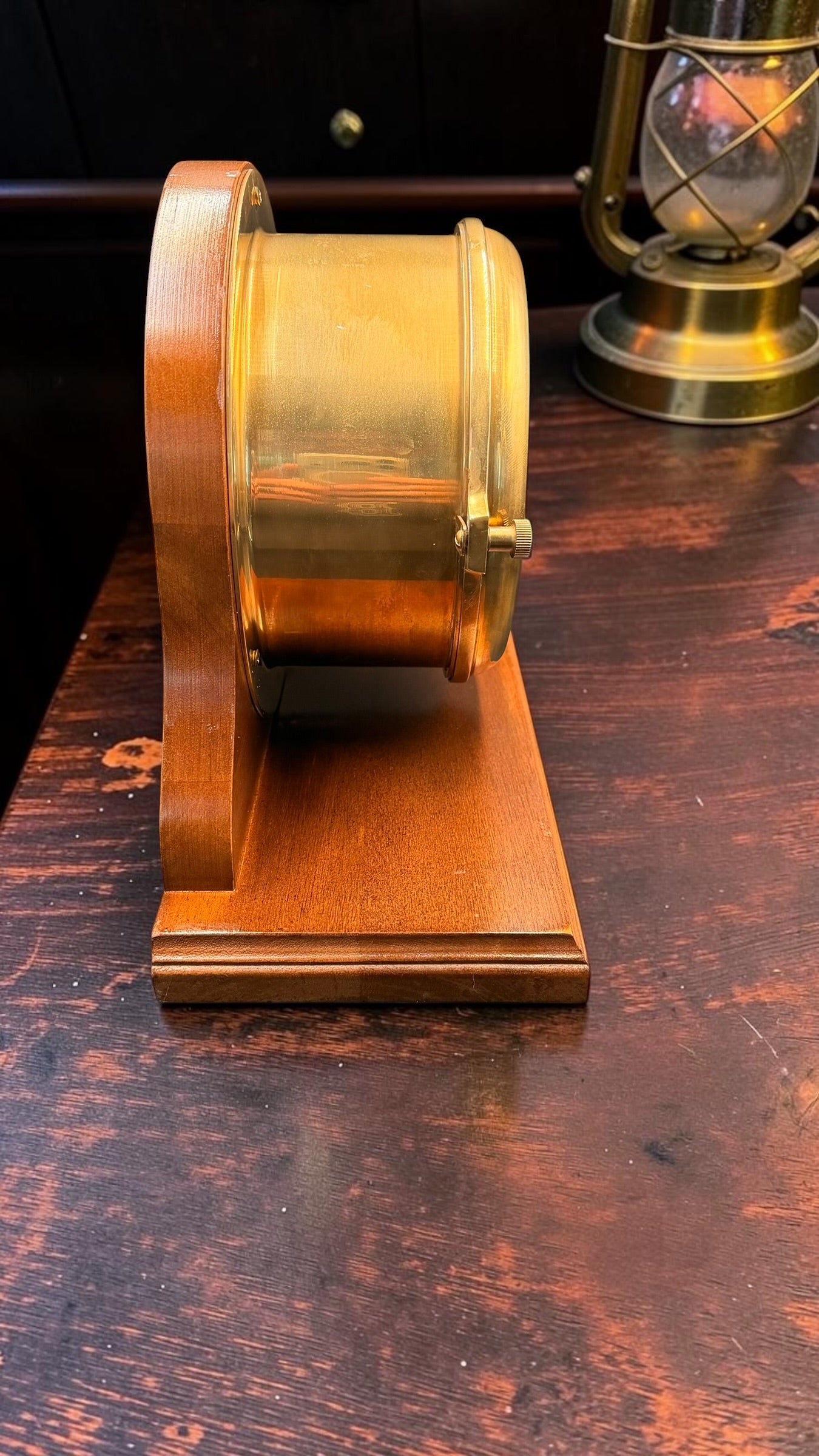Vintage Bell Clock Co. Quartz Ship’s Clock on Wooden Stand – Brass Porthole Nautical Desk Clock – Made in USA