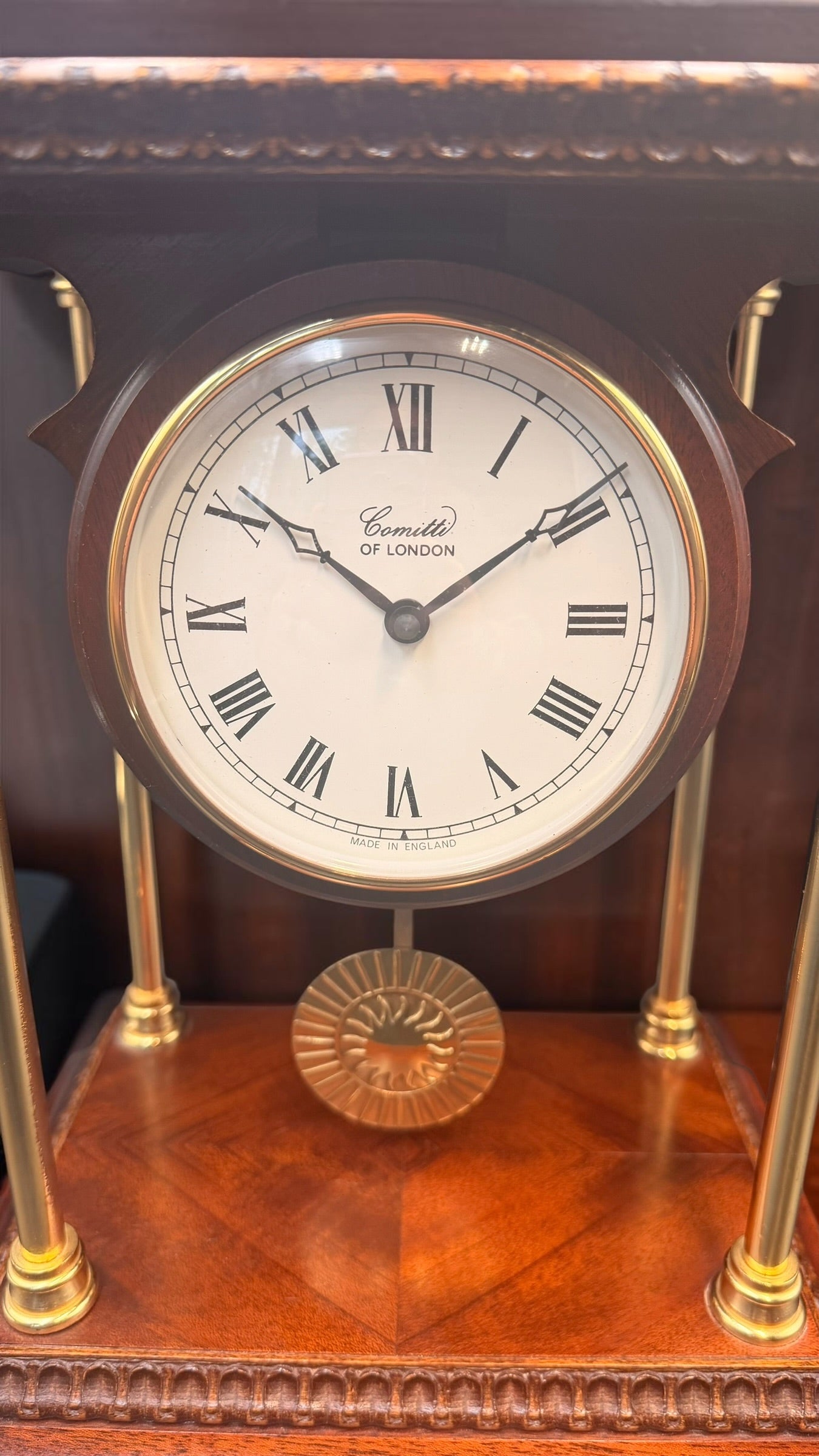 Comitti of London Mantel Clock – Brass Column Quartz Timepiece – Made in England Shelf Clock
