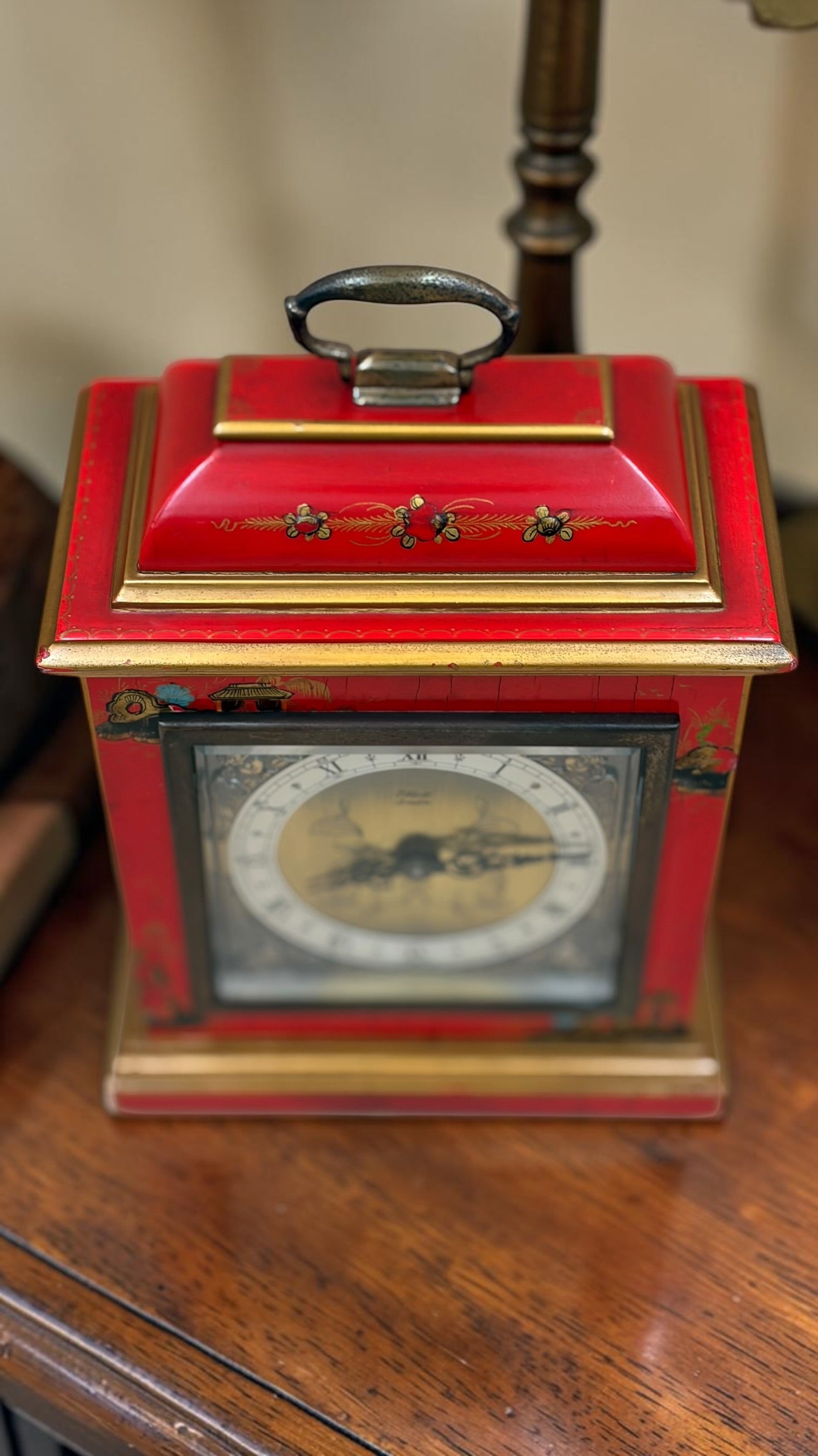 Vintage Elliott London Chinoiserie Mantel Clock – Red Lacquer English Bracket Clock – Made in England