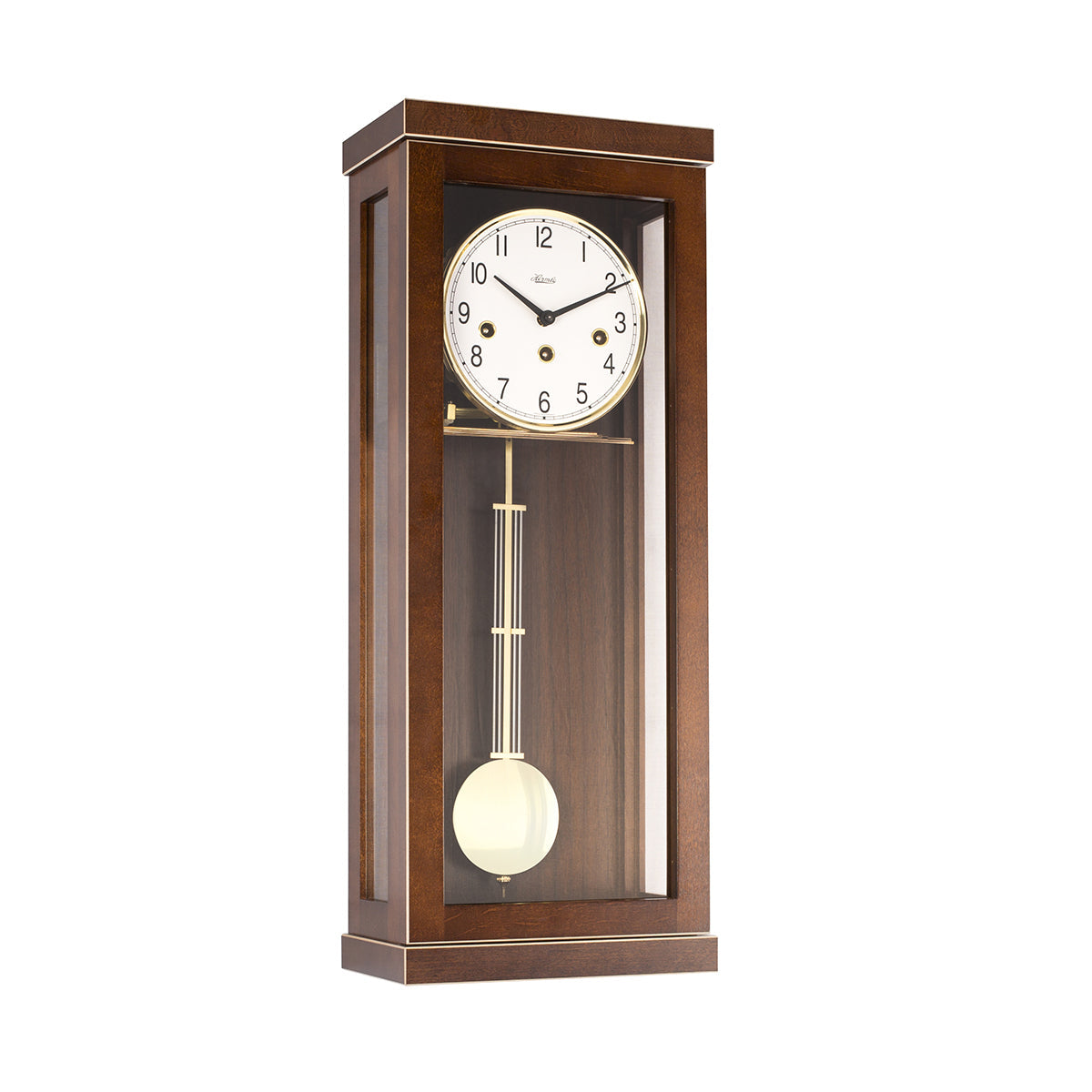 Walnut wood wall clock with pendulum and gold highlights on a white background