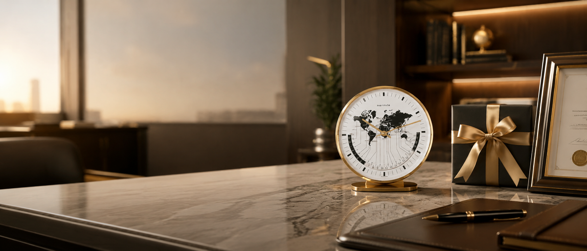 A desk clock and wrapped gift displayed in a warm executive office setting.