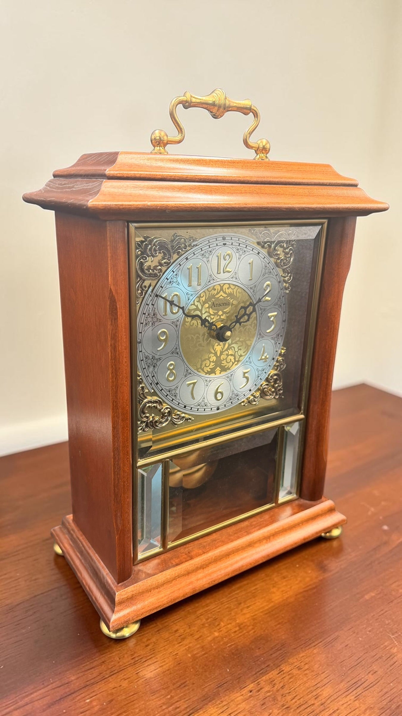 Ansonia Quartz Mantel Clock Time Only Pendulum Beveled Glass Traditional Shelf Clock