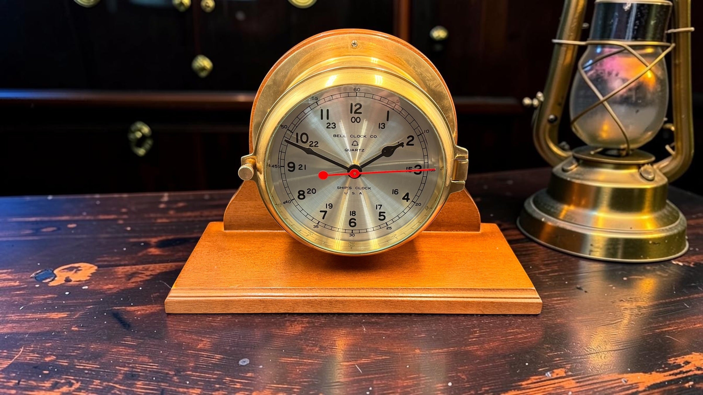 Vintage Bell Clock Co. Quartz Ship’s Clock on Wooden Stand – Brass Porthole Nautical Desk Clock – Made in USA