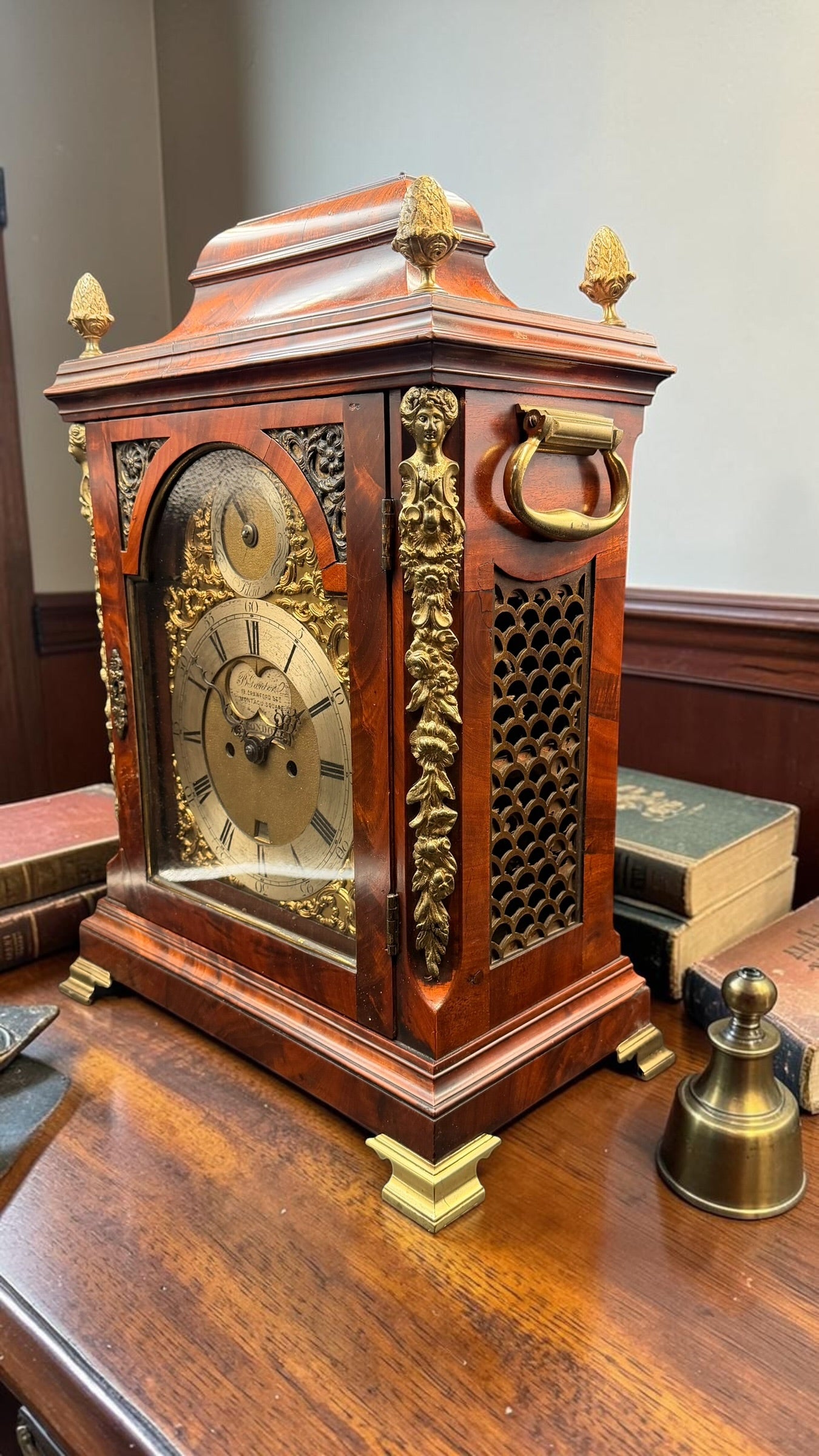 Ornate English Style Mahogany Bracket Clock Case – Brass Dial Display Clock – Restoration Candidate