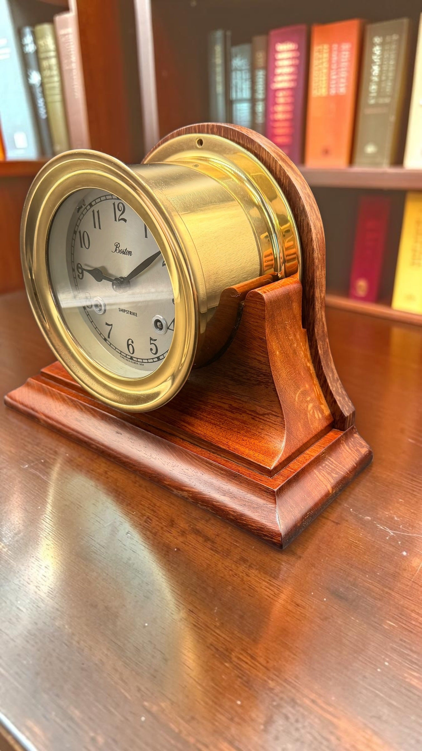 Chelsea Boston Shipstrike Shelf Clock – Brass & Mahogany Wood Base