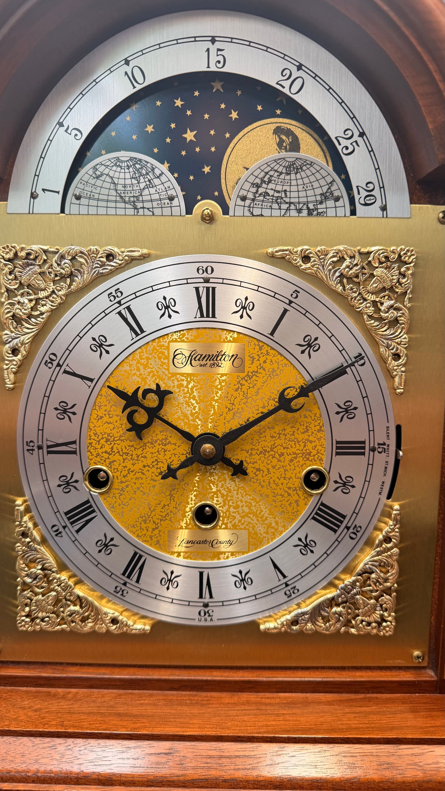 Vintage Hamilton Triple Chime Mechanical Mantel Clock Moon Dial German Movement – Westminster / St. Michael / Whittington