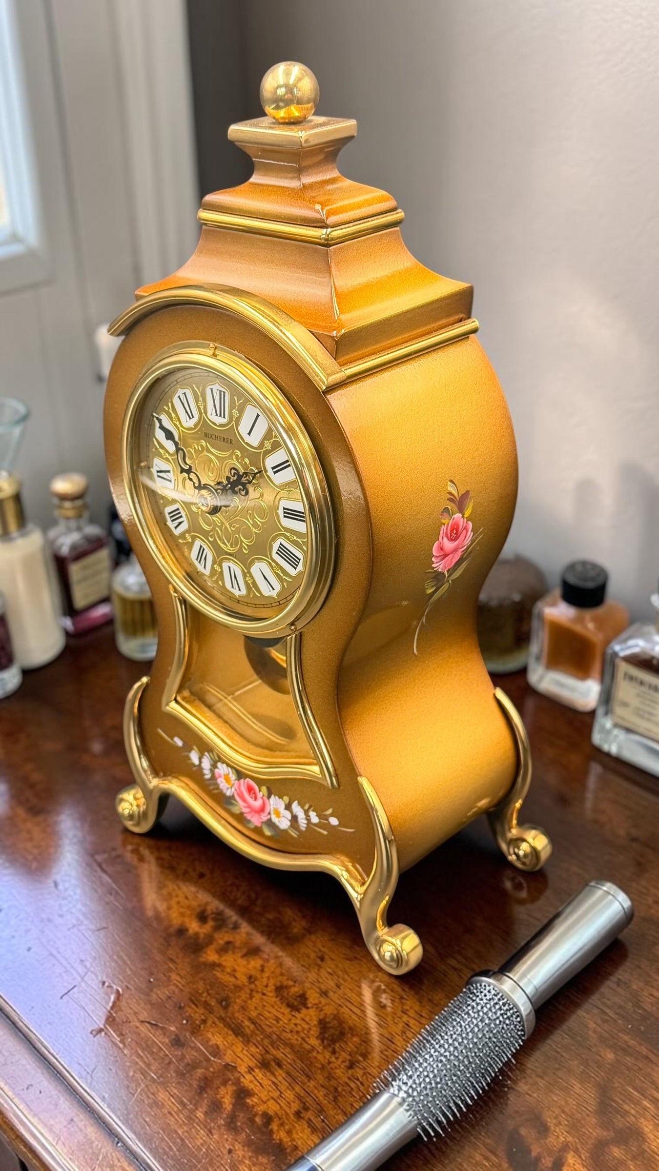 Bucherer Swiss Quartz Mantel Clock – Gold Tone, Hand-Painted Floral, Eluxa Case