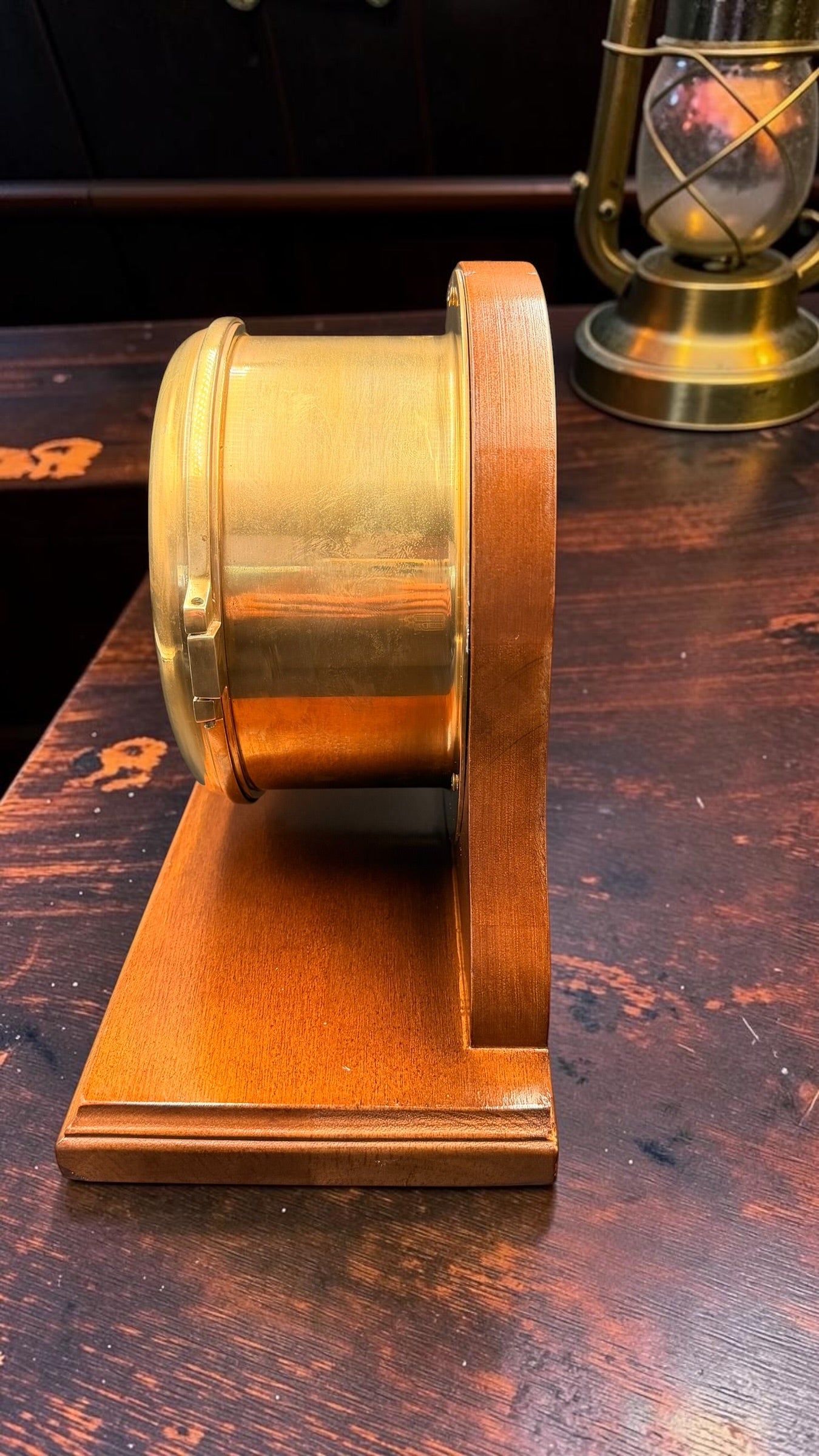 Vintage Bell Clock Co. Quartz Ship’s Clock on Wooden Stand – Brass Porthole Nautical Desk Clock – Made in USA