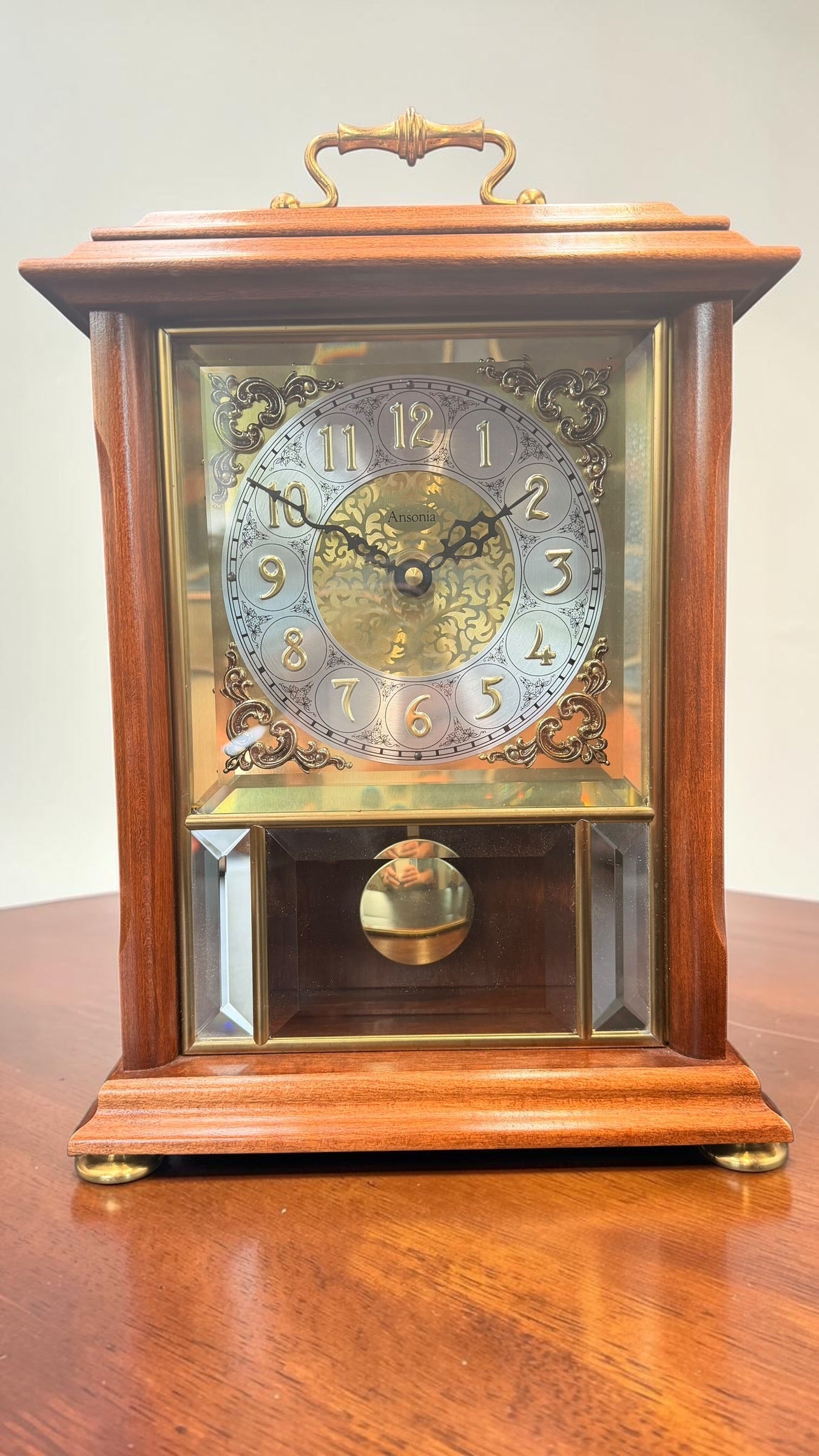 Ansonia Quartz Mantel Clock Time Only Pendulum Beveled Glass Traditional Shelf Clock