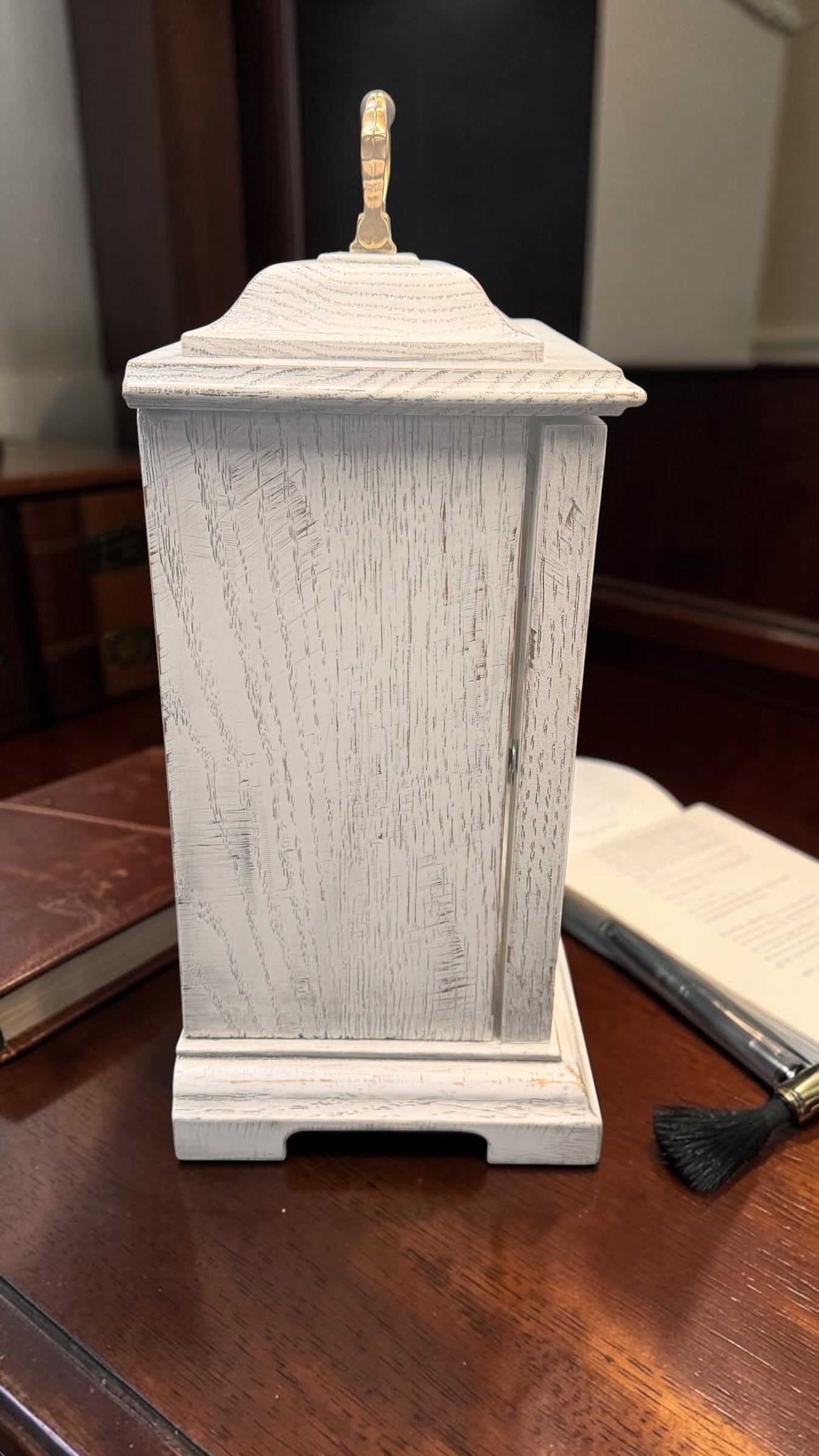 Hermle Austen Mantel Clock – German Mechanical Westminster Chime – Distressed White Farmhouse Shelf Clock