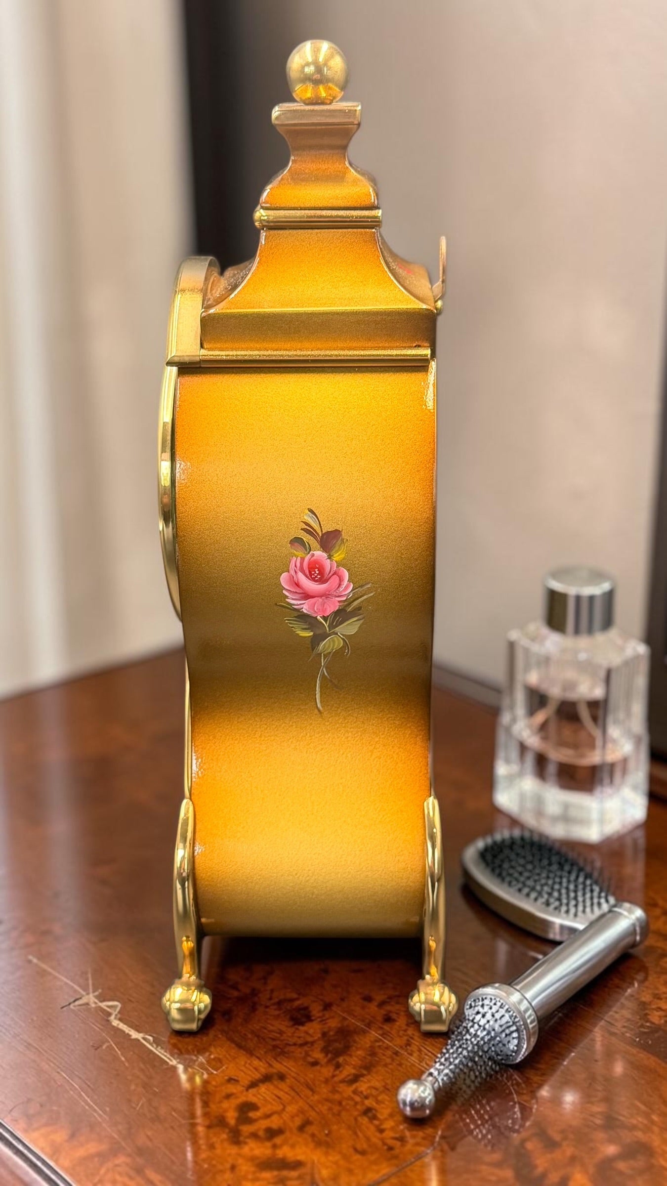 Bucherer Swiss Quartz Mantel Clock – Gold Tone, Hand-Painted Floral, Eluxa Case